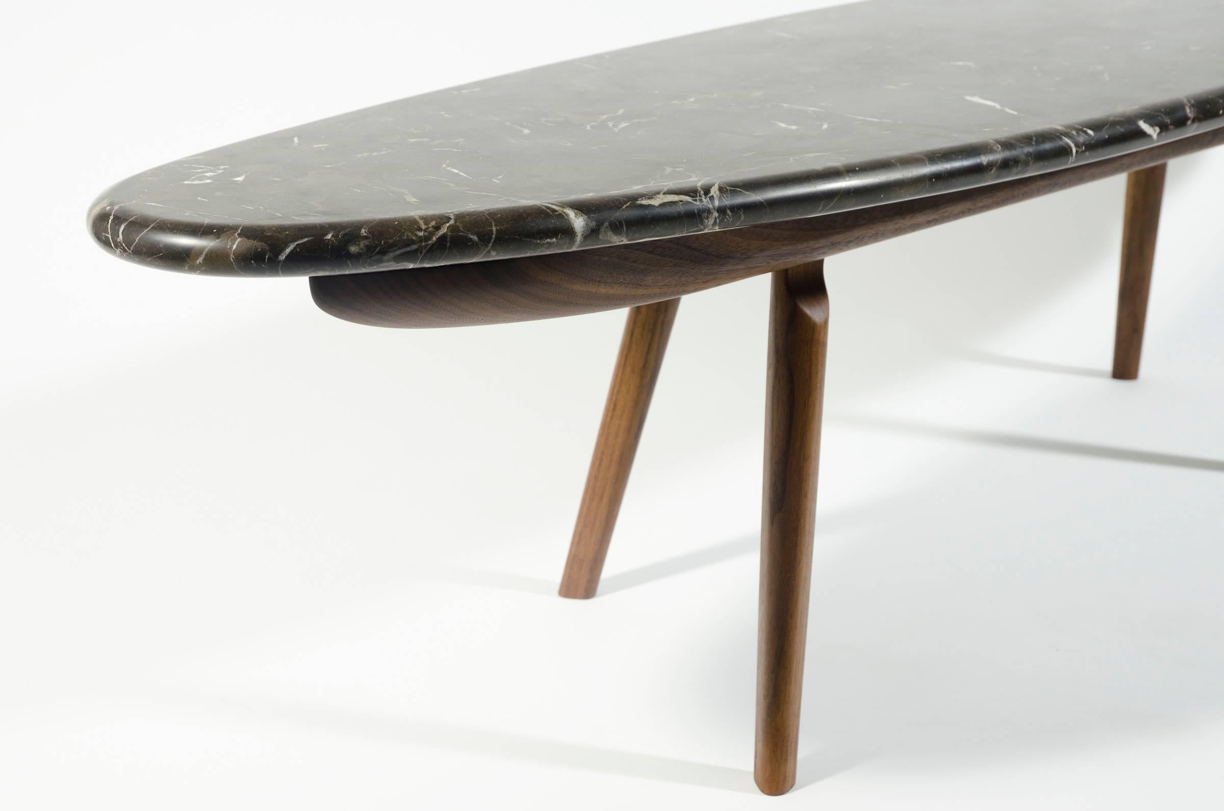 Contemporary Black Marble Stone and Walnut Wood Coffee Cocktail Table CBR Studio For Sale 1