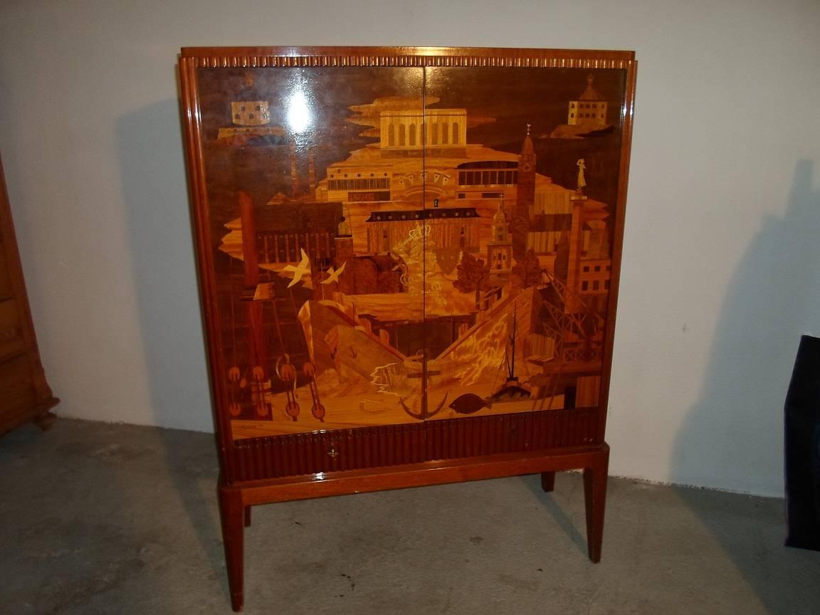 Inlay 1940s Swedish Cabinet by Erik Matsson signed by Erik Matsson  For Sale