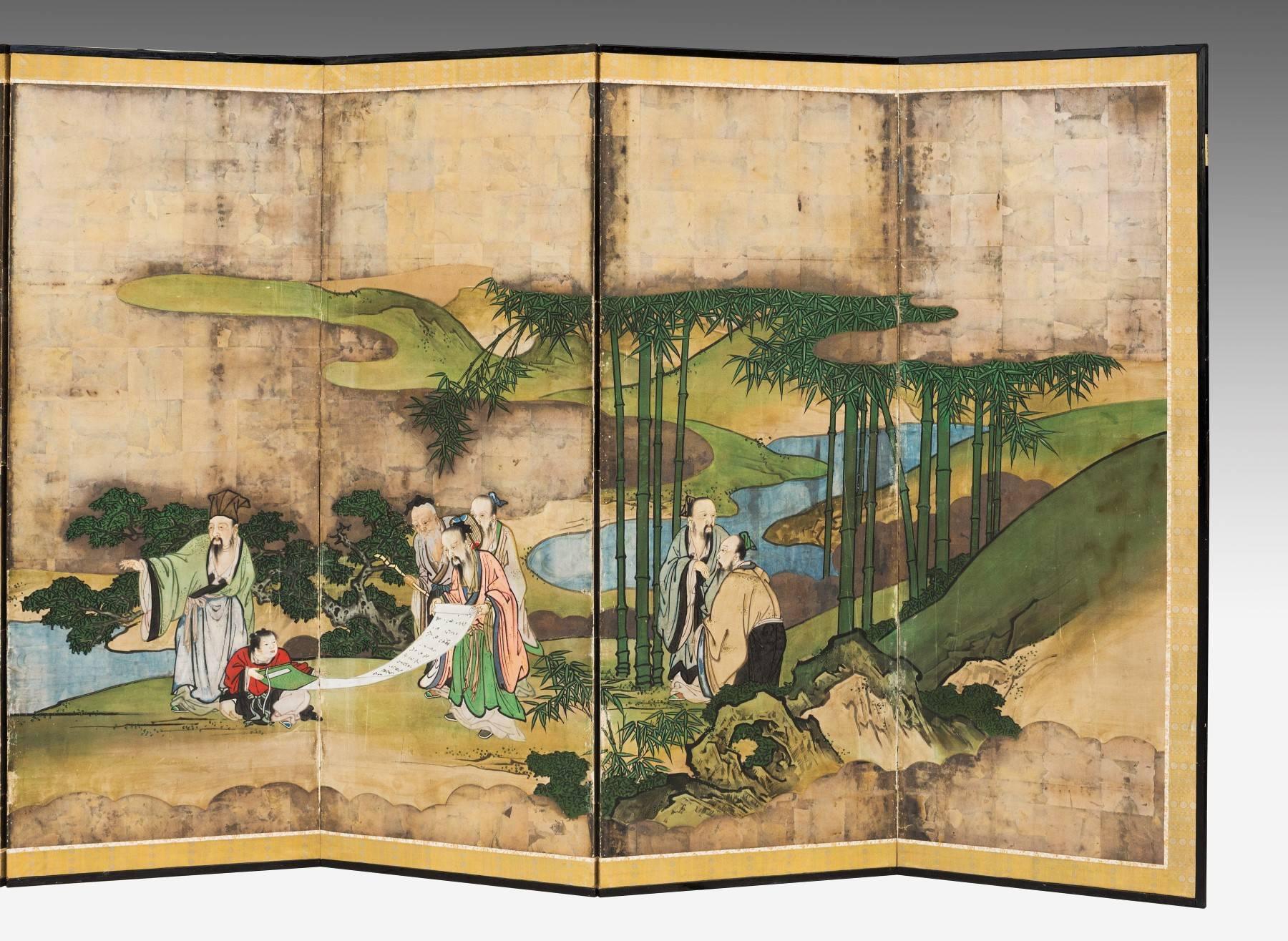 Chinoiserie Large19th Century Chinese Six Panel Decorated Screen
