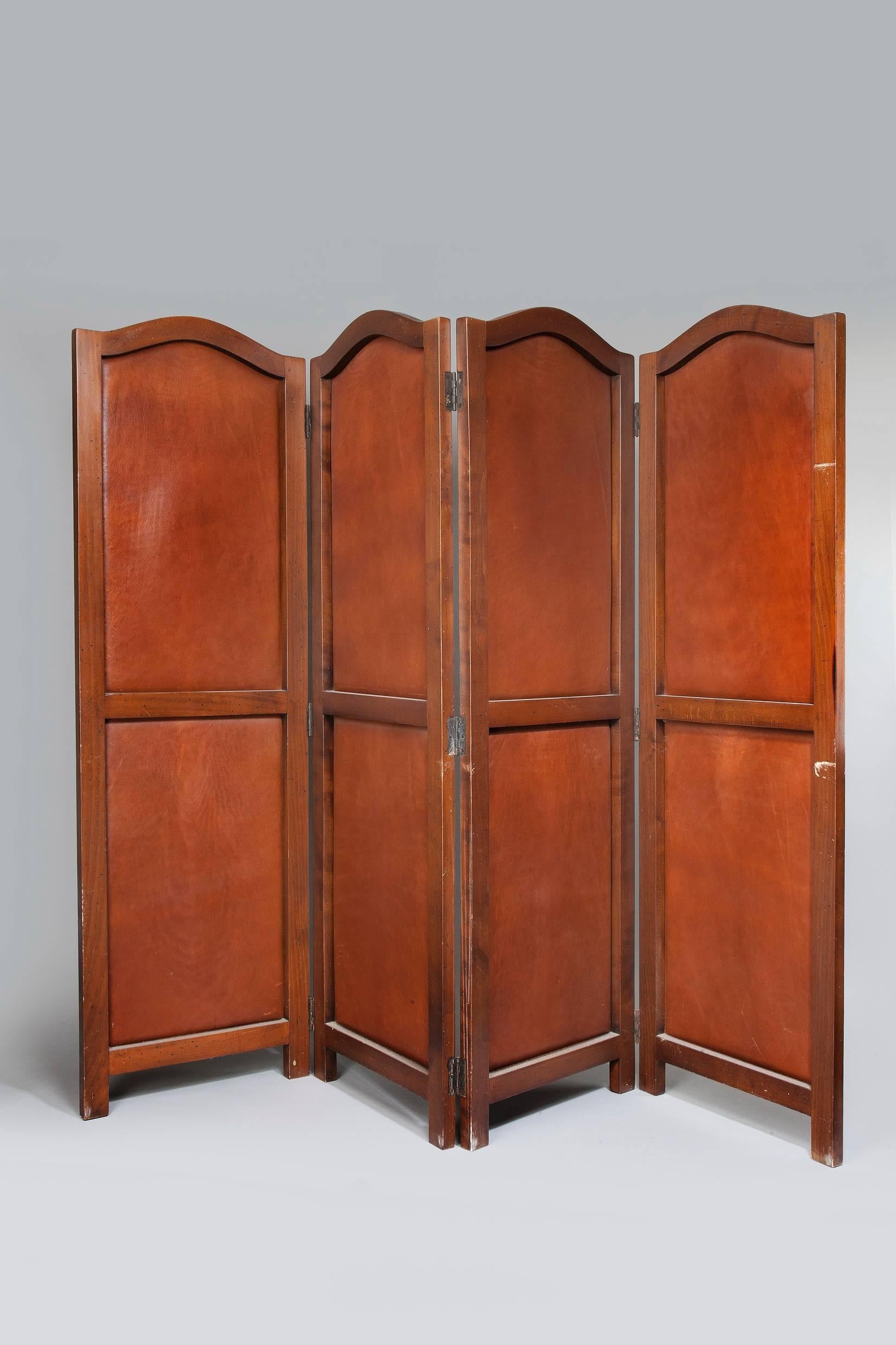 English Art Nouveau Period Leather and Mahogany Four Fold Screen For Sale