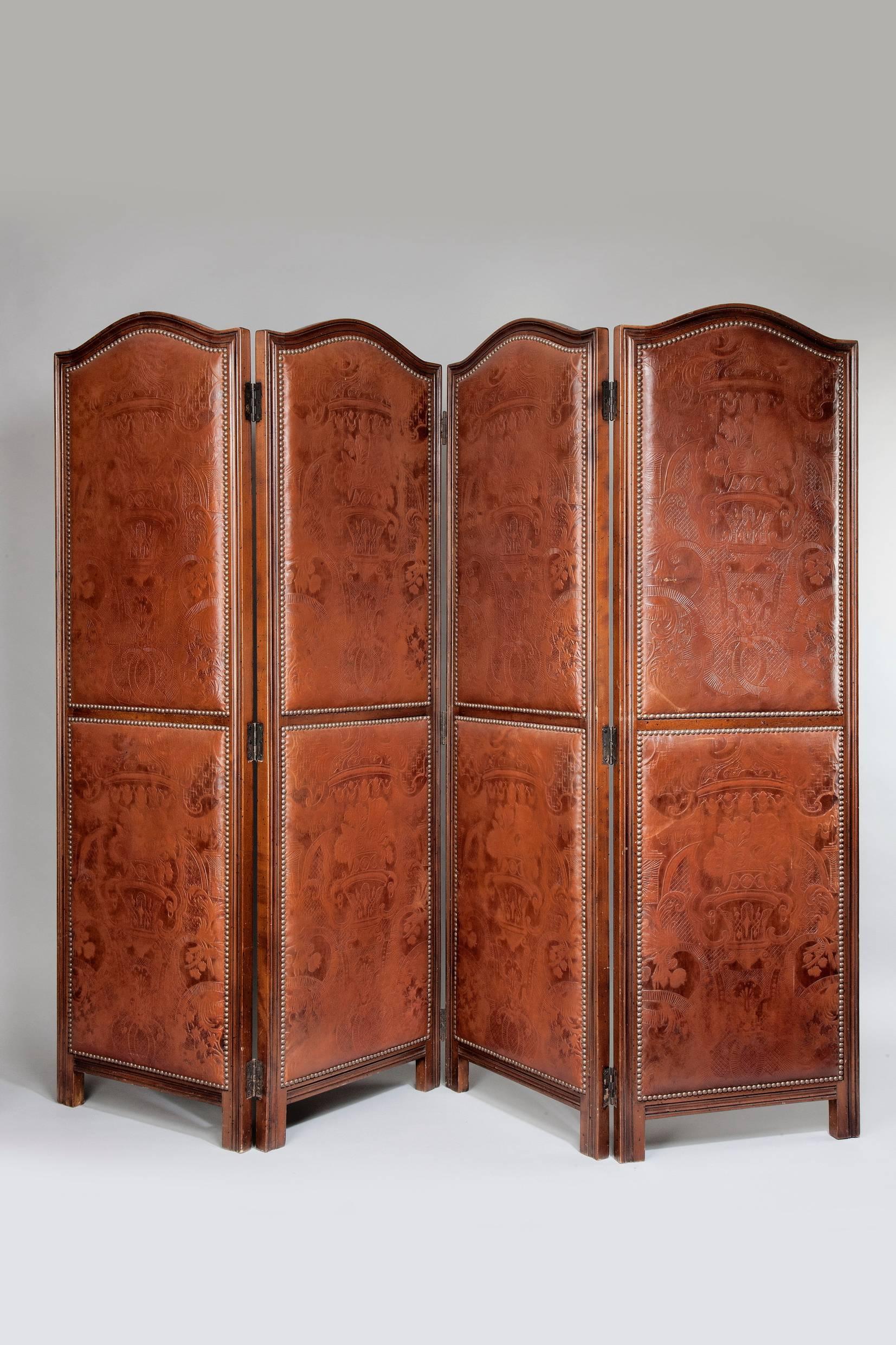 Art Nouveau Period Leather and Mahogany Four Fold Screen In Good Condition For Sale In Hungerford, Berkshire