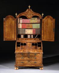 Superb William & Mary Period Walnut Domed Bureau Bookcase with Mirror Plates