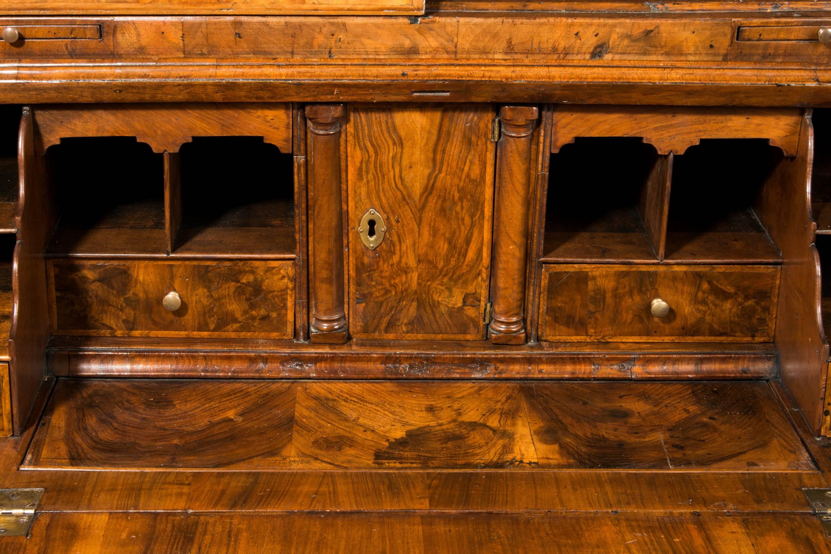English Superb William & Mary Period Walnut Domed Bureau Bookcase with Mirror Plates For Sale