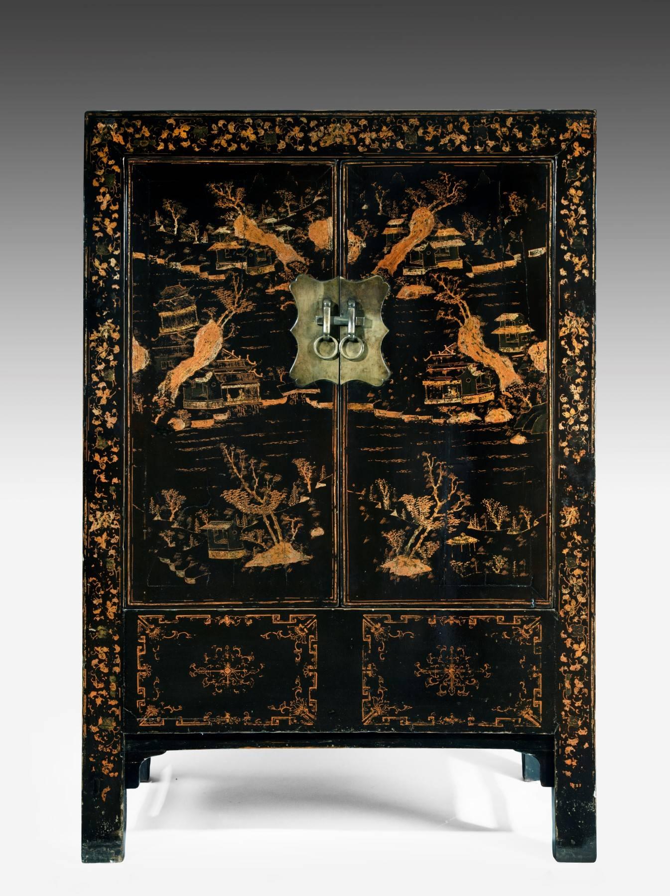 Of good quality, this large 19th century Chinese cabinet has twin opening doors, two shelves and interior storage area. It is very stylish and has recently been purchased from a private family. The colour is good as is the exterior surface. It is