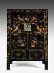 Large 19th Century Black Lacquer and Decorated Chinese Cabinet