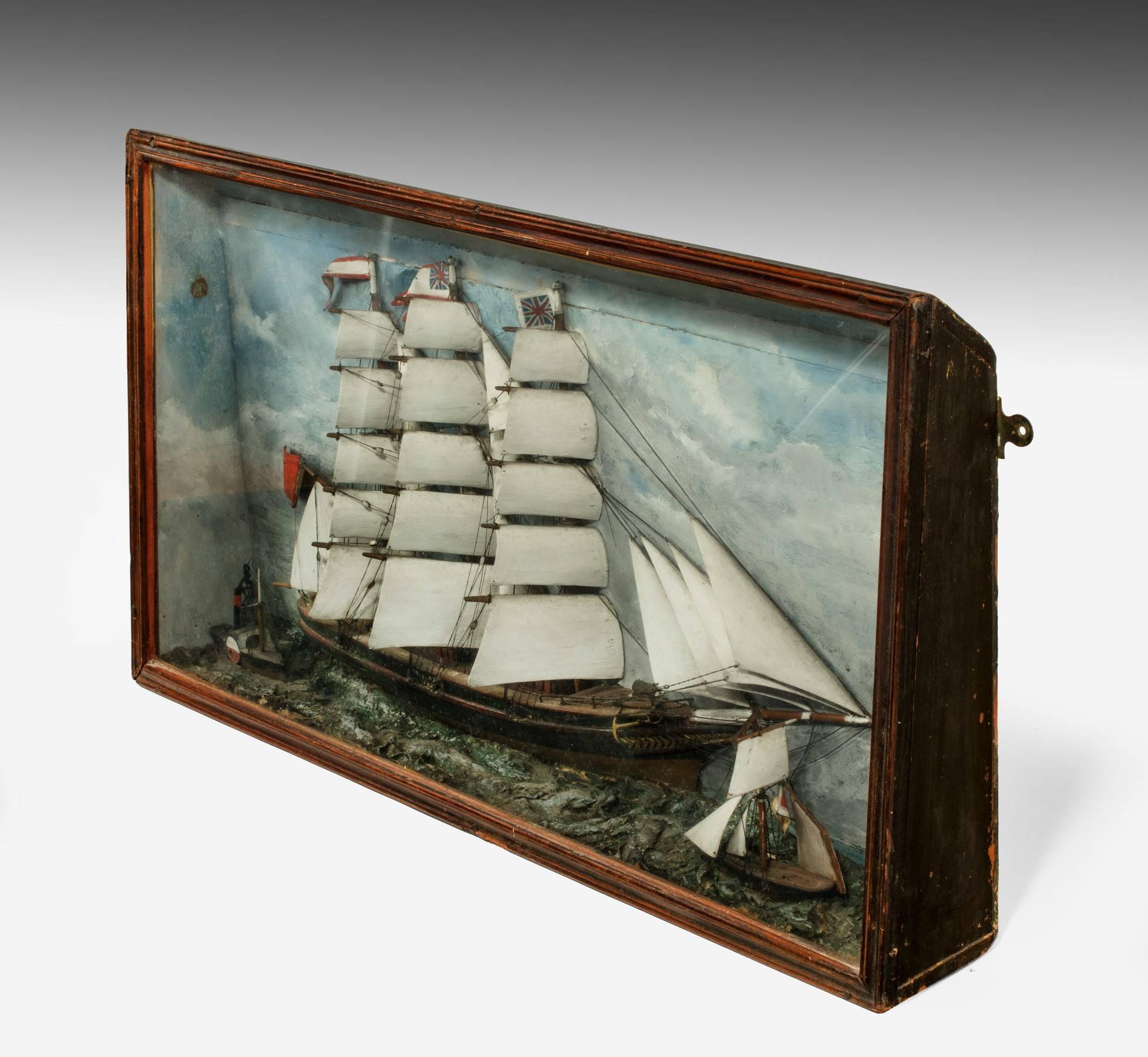 This Diorama has the main three mast sailing ship and two smaller boats flanking it. It is in original condition and the box frame is tapered in profile. The colors and quality are very good and this is a really decent example of good size. It is