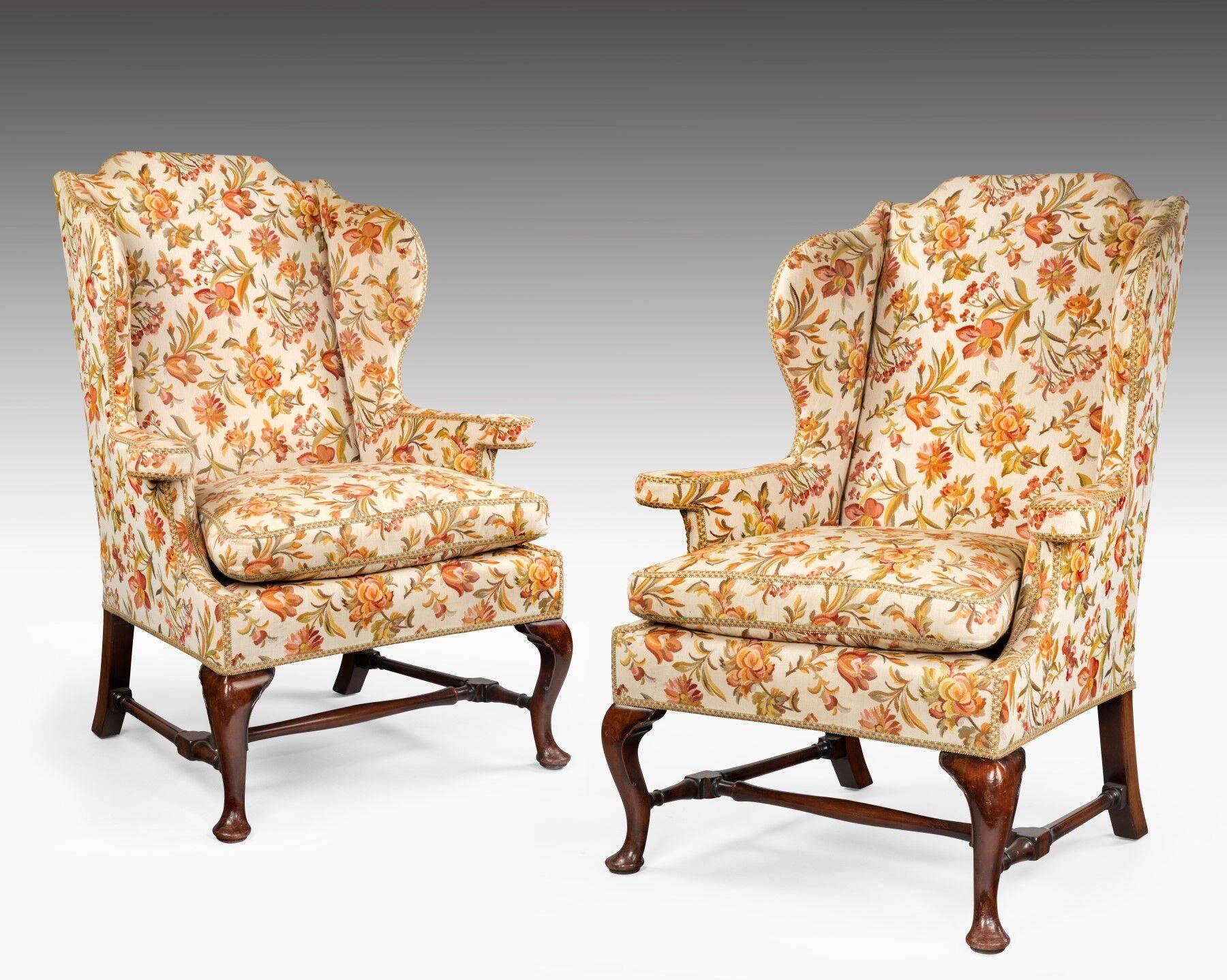English Large Pair of George II Style Wing Armchairs For Sale