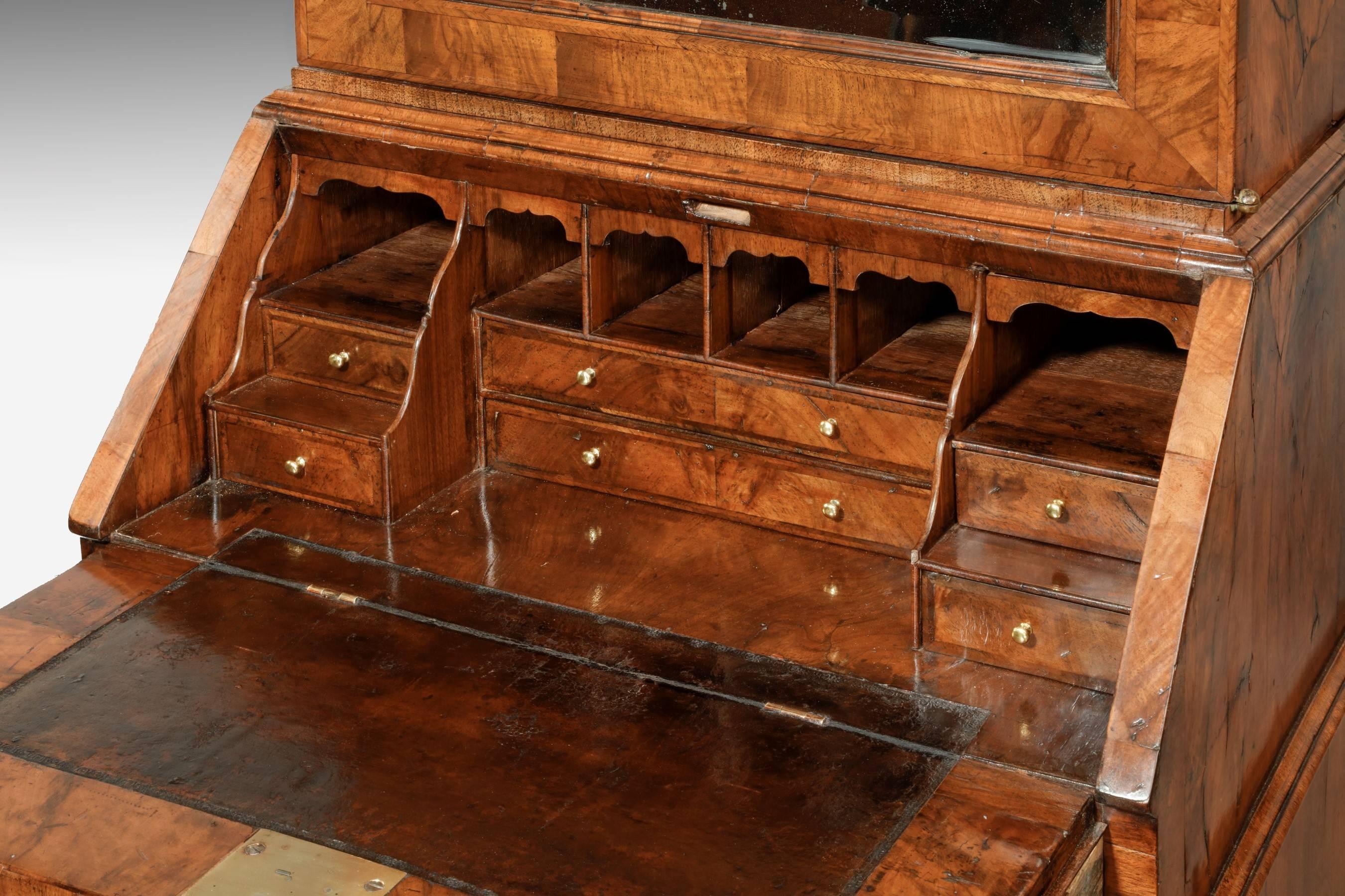 English Queen Anne Narrow Walnut Bureau Bookcase For Sale