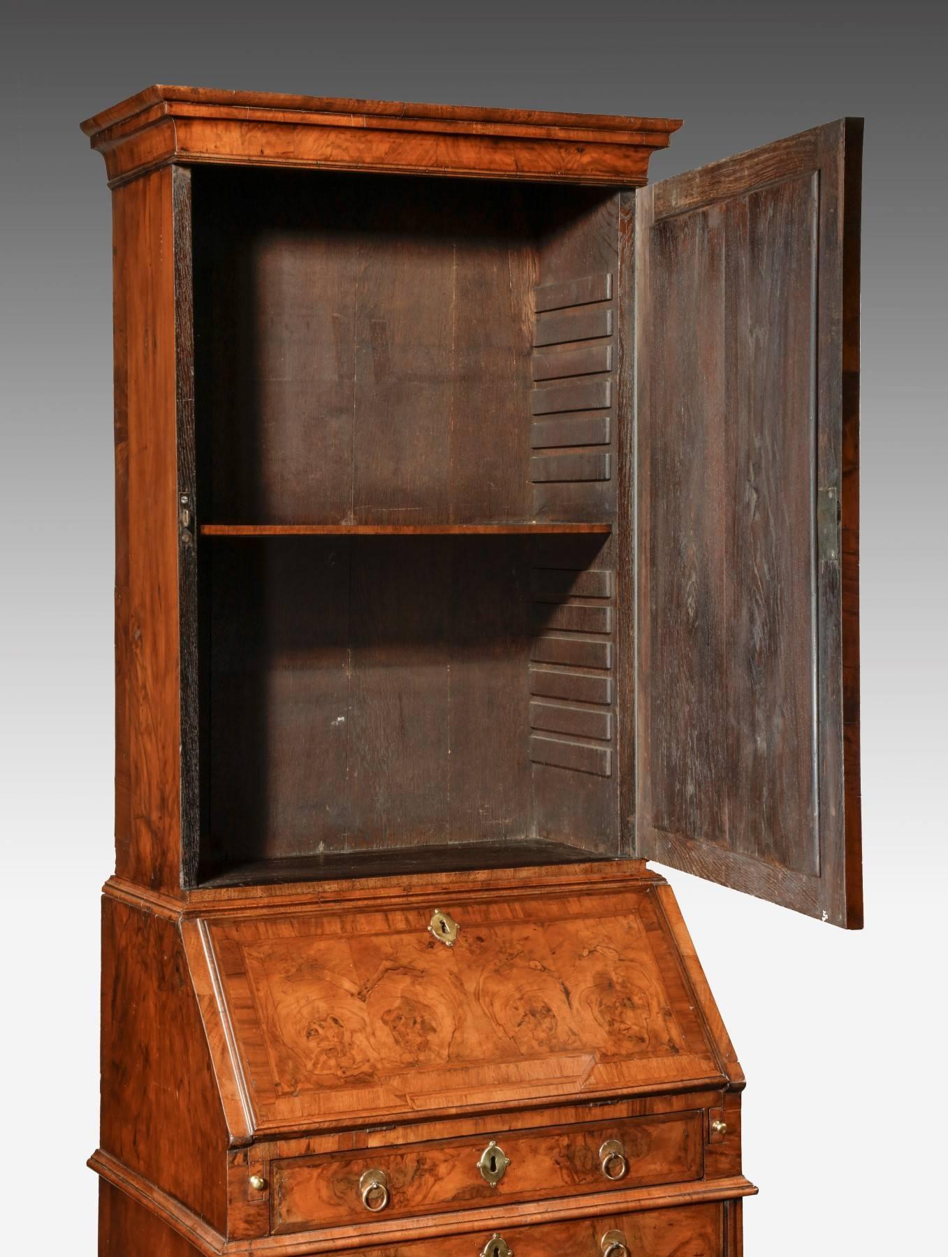 Queen Anne Narrow Walnut Bureau Bookcase In Excellent Condition For Sale In Hungerford, Berkshire