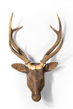 Carved Wood and Antler Stag's Head