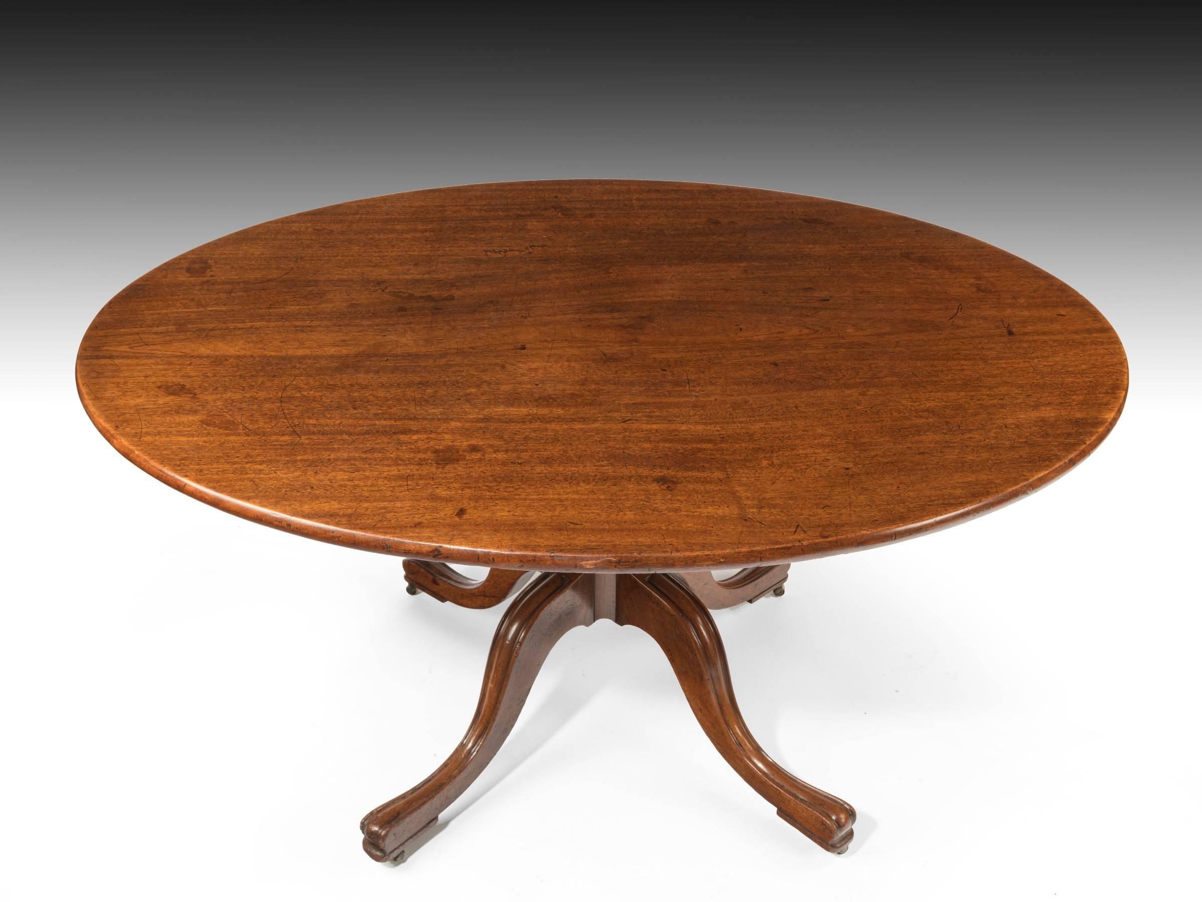 This George III oval breakfast table is made from Cuban mahogany. The one piece tilt top is set on a distinctive elegant base that is near identical to a pillar dining table made by Gillow for The Earl of Eglinton in 1798 (see Gillows by Susan