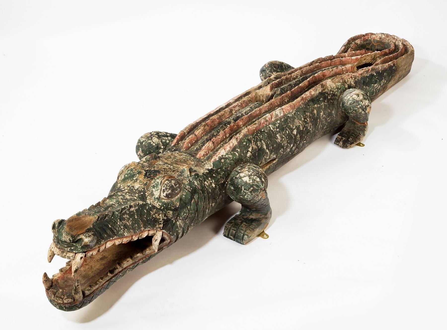 Folk Art Late 19th Century Carved Wood and Decorated Crocodile For Sale