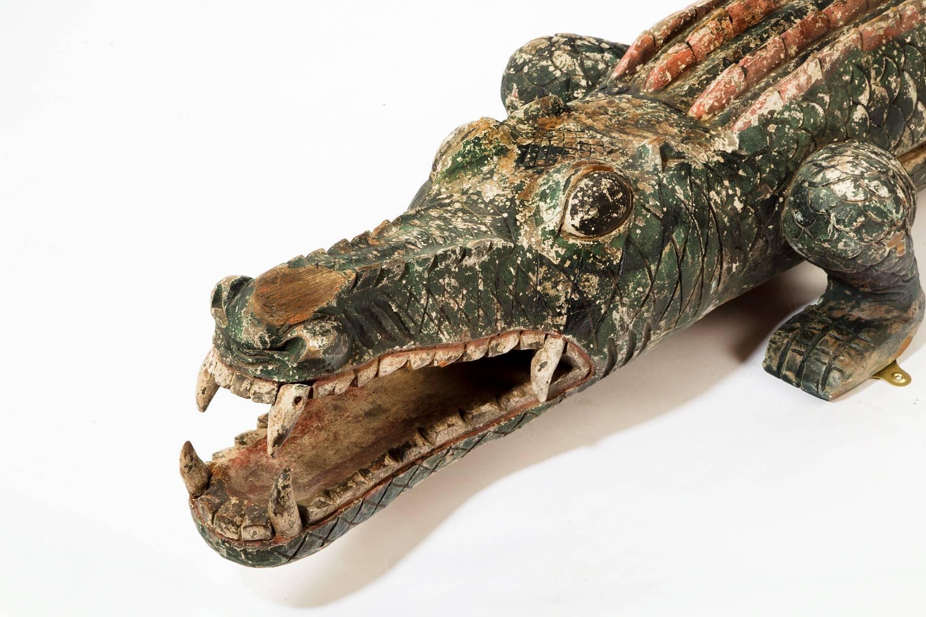 Asian Late 19th Century Carved Wood and Decorated Crocodile For Sale