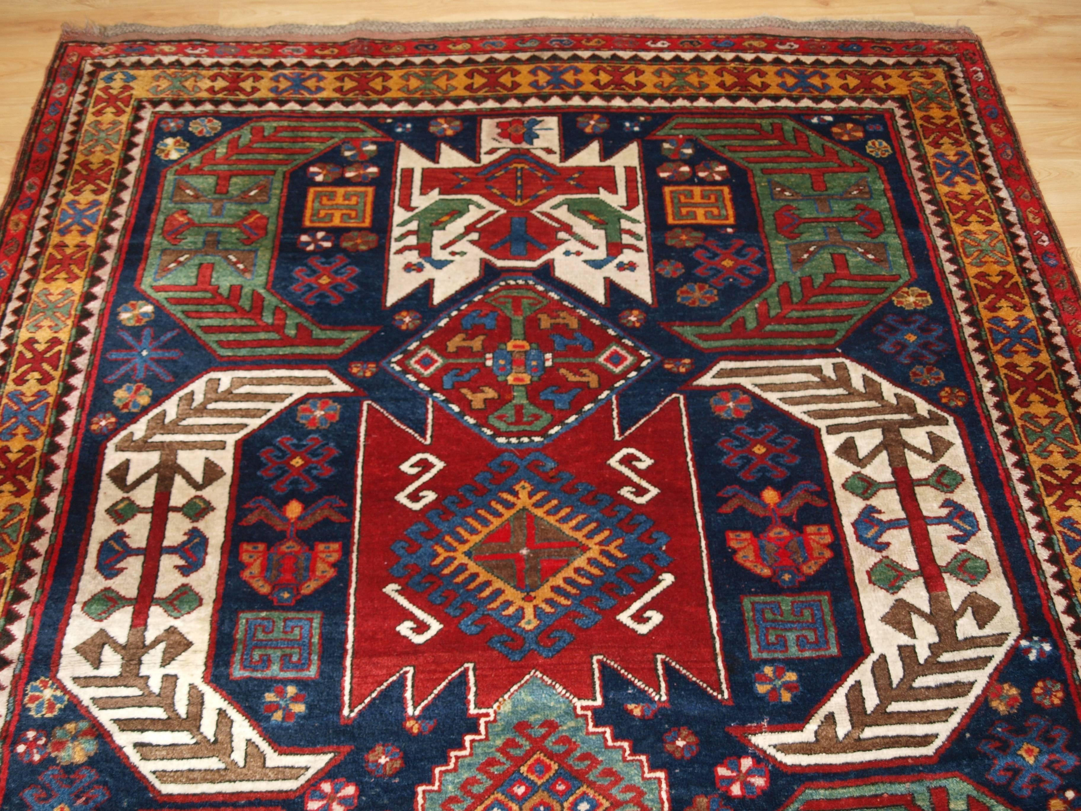 Wool Antique Caucasian Kasim Ushak or Lenkoran Region Rug, Superb Colour, circa 1900 For Sale
