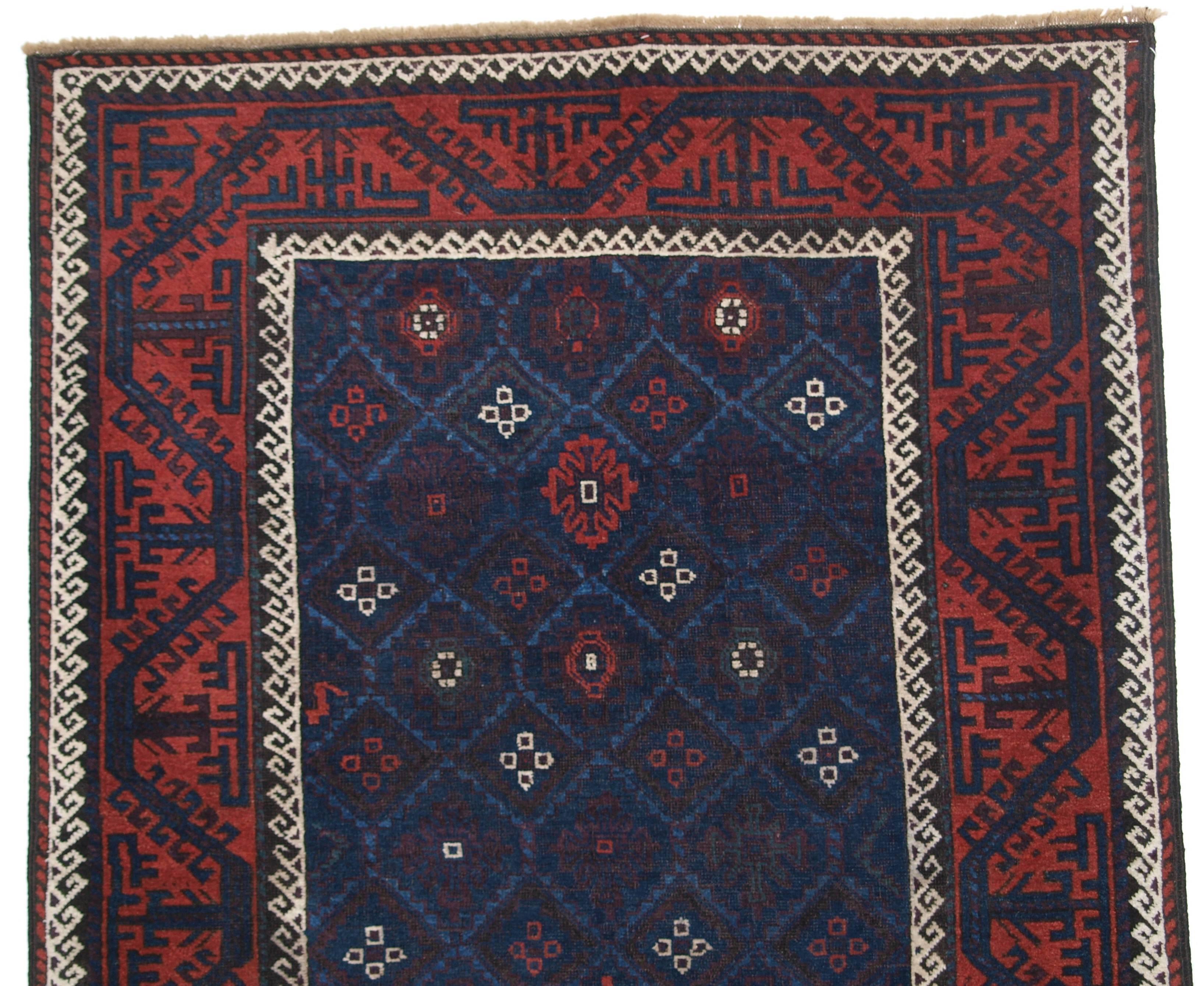 Antique Baluch Rug with Lattice Design, Superb Blues, 19th Century In Excellent Condition In Moreton-in-Marsh, GB