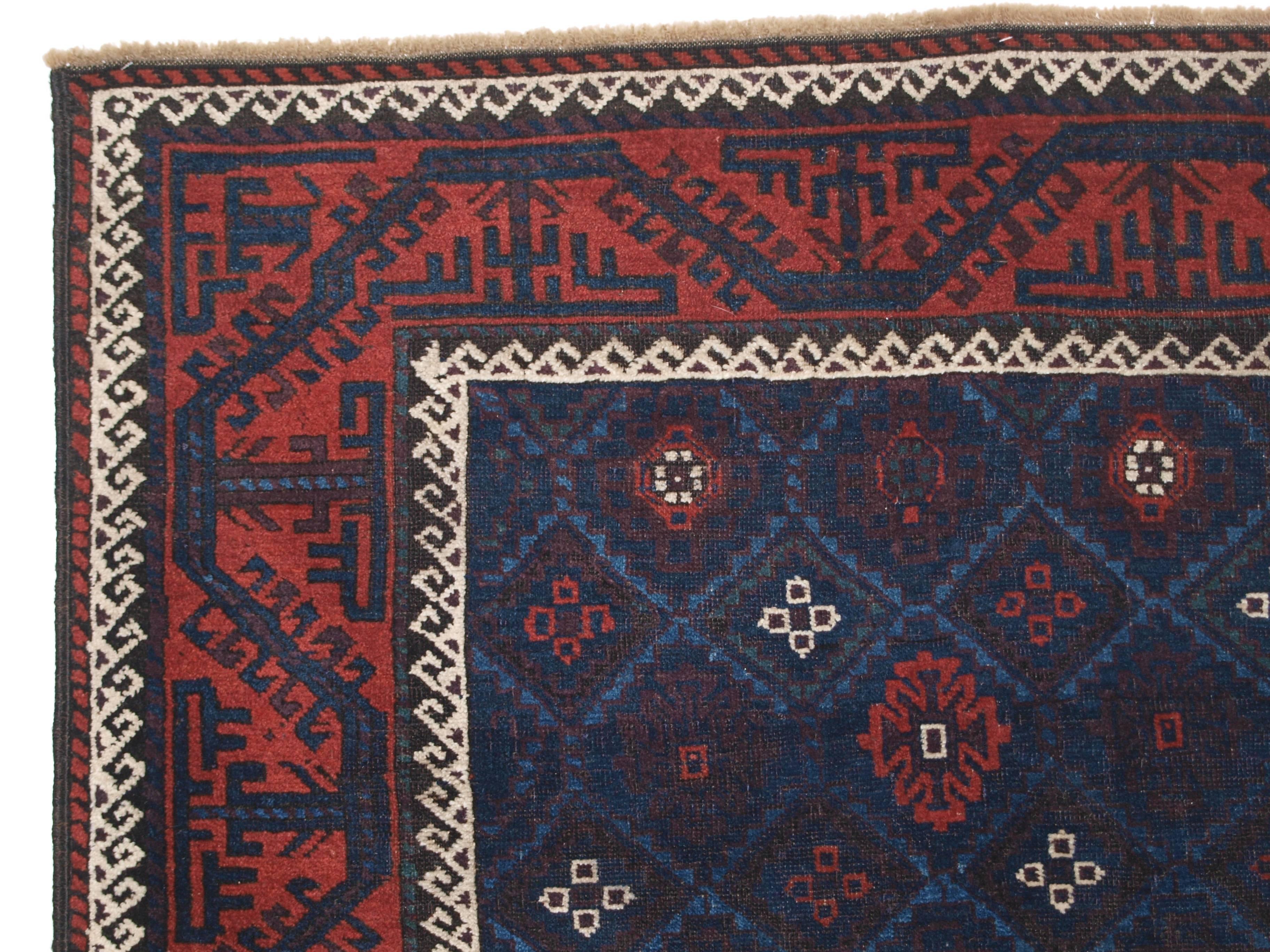 Wool Antique Baluch Rug with Lattice Design, Superb Blues, 19th Century