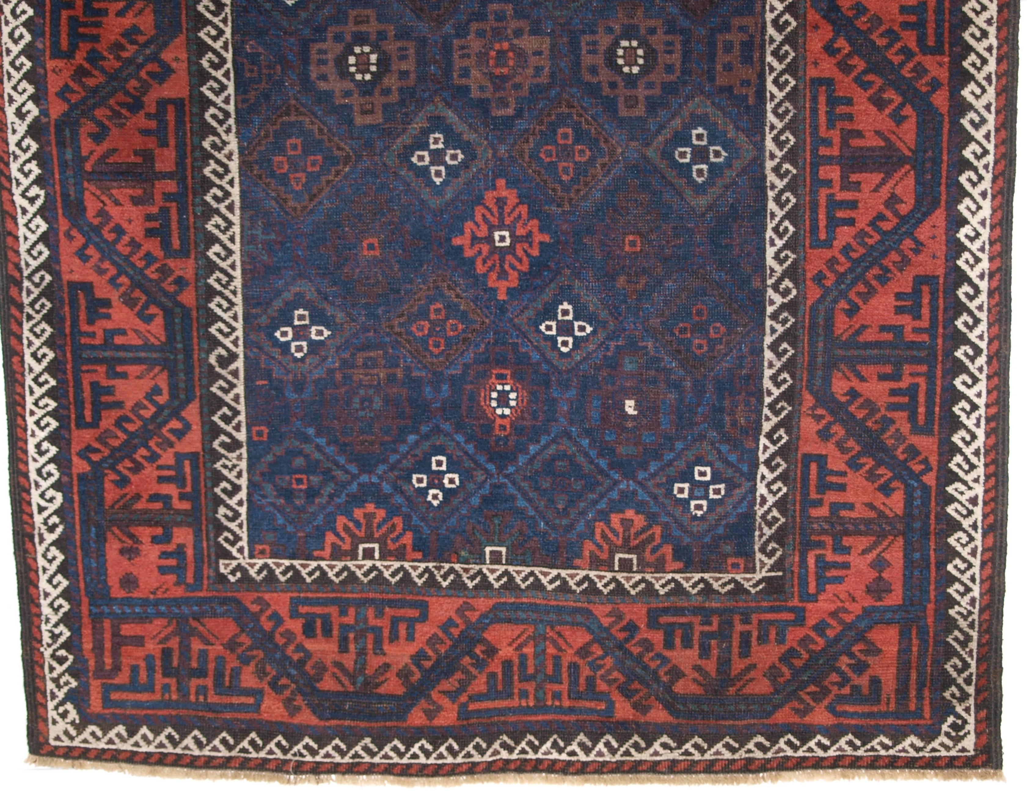 Antique Baluch Rug with Lattice Design, Superb Blues, 19th Century 2