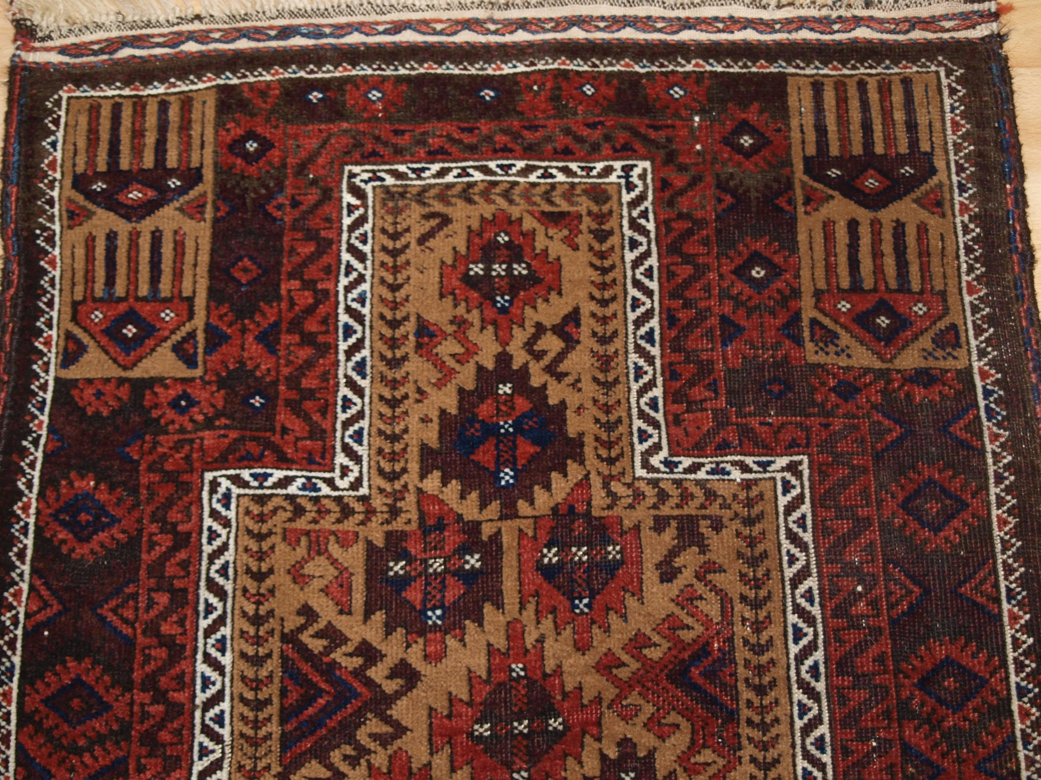 Wool Antique Baluch Camel Ground Prayer Rug, circa 1900 For Sale