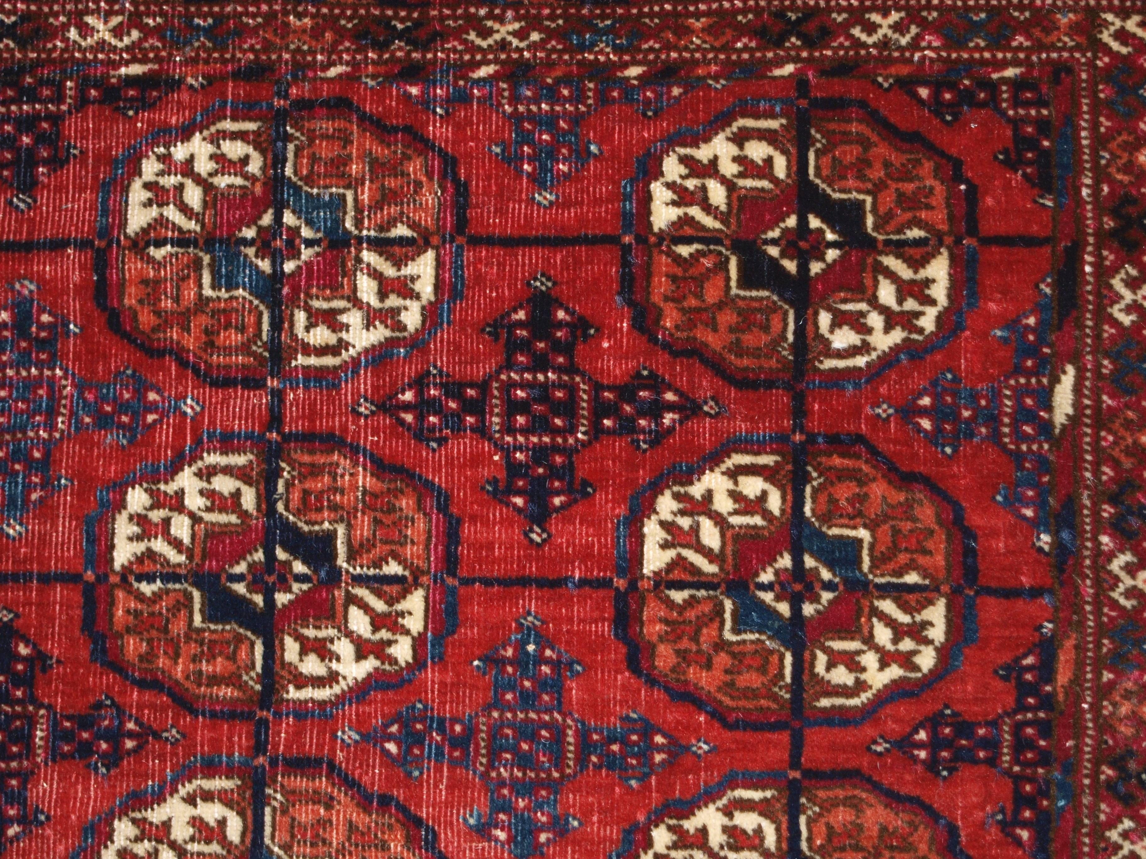 Antique Tekke Turkmen small size 'dowry' rug with great color, circa 1900.
Size: 4ft 5in x 3ft 3in (135 x 100cm).

Antique Tekke Turkmen rug of small size, these rugs are generally considered to be ‘dowry’ weavings, 

circa 1900.

This is an