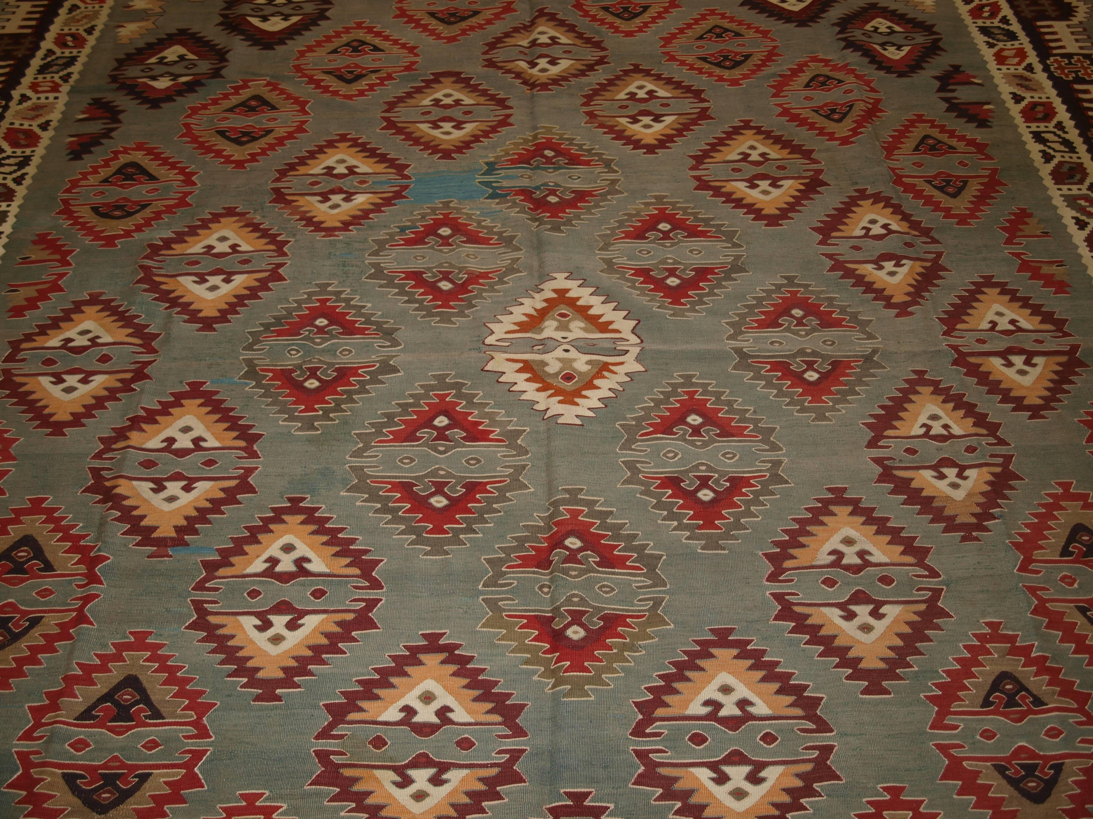 Antique Balkan Sharkoy Kilim Rare Design Powder Blue Ground, Early 20th Century In Excellent Condition In Moreton-in-Marsh, GB