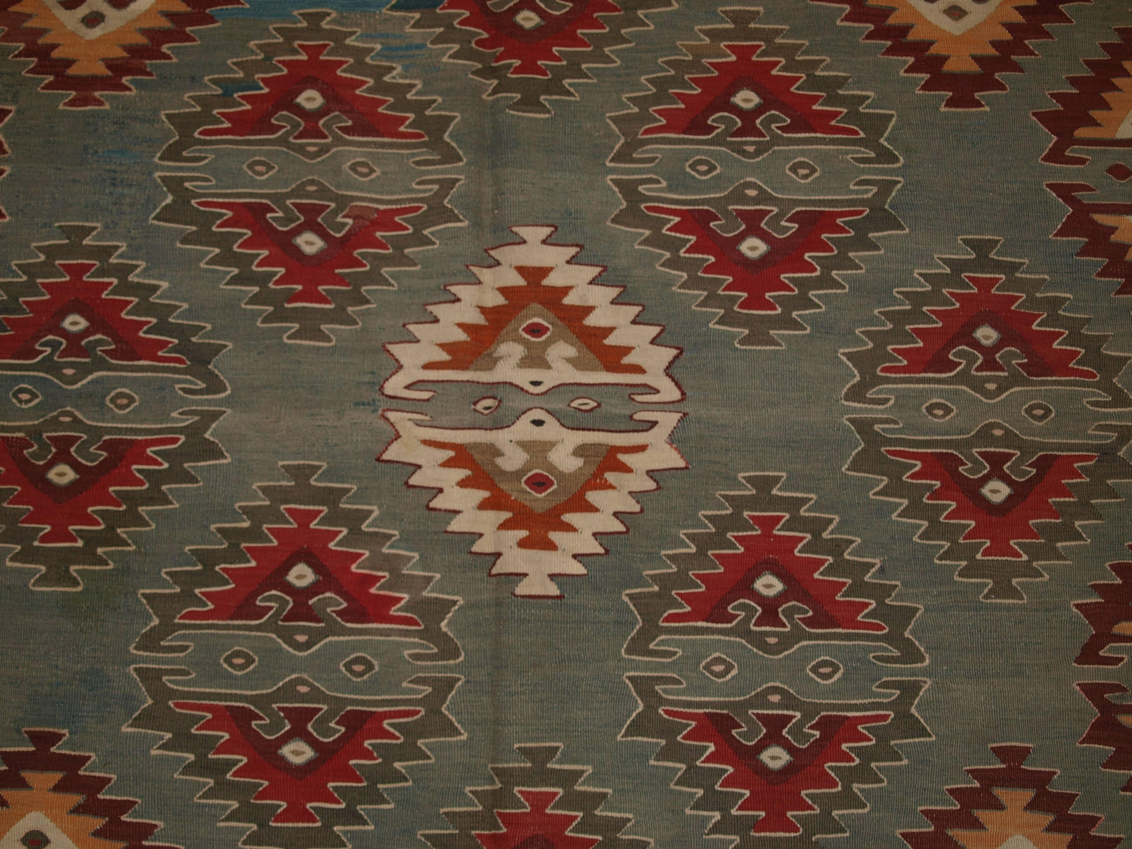 Antique Balkan Sharkoy Kilim Rare Design Powder Blue Ground, Early 20th Century 5