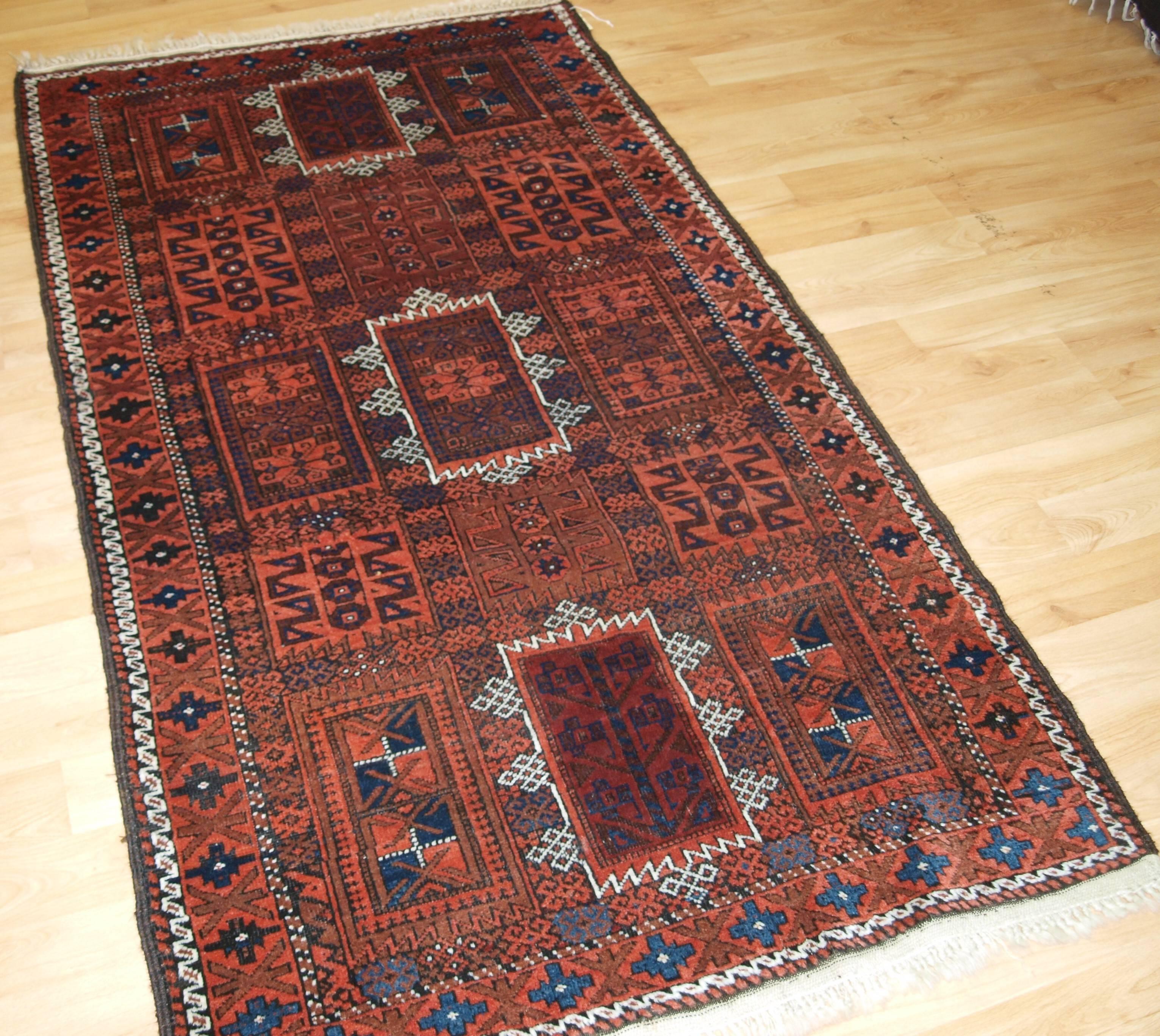 Antique Baluch rug with traditional Timuri or Yaqub Khani tribal design, circa 1900.
Size: 6ft 5in x 3ft 7in (196 x 108cm).

Antique Baluch rug, with Traditional Design often found in both Timuri and Yaqub Khani weavings,

circa 1900.

A very