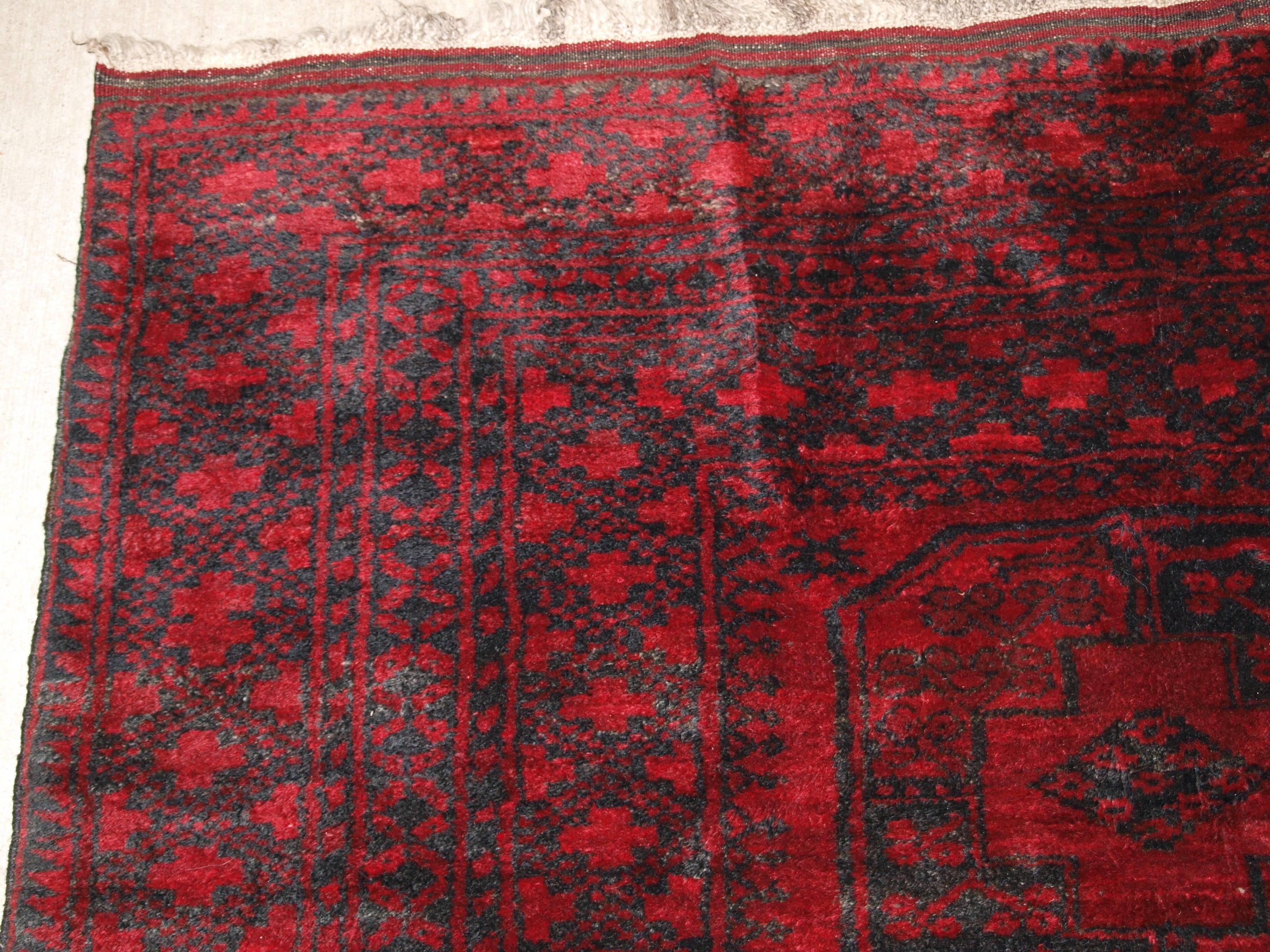 Wool Old Red Afghan Carpet with Traditional Design, circa 1920 For Sale