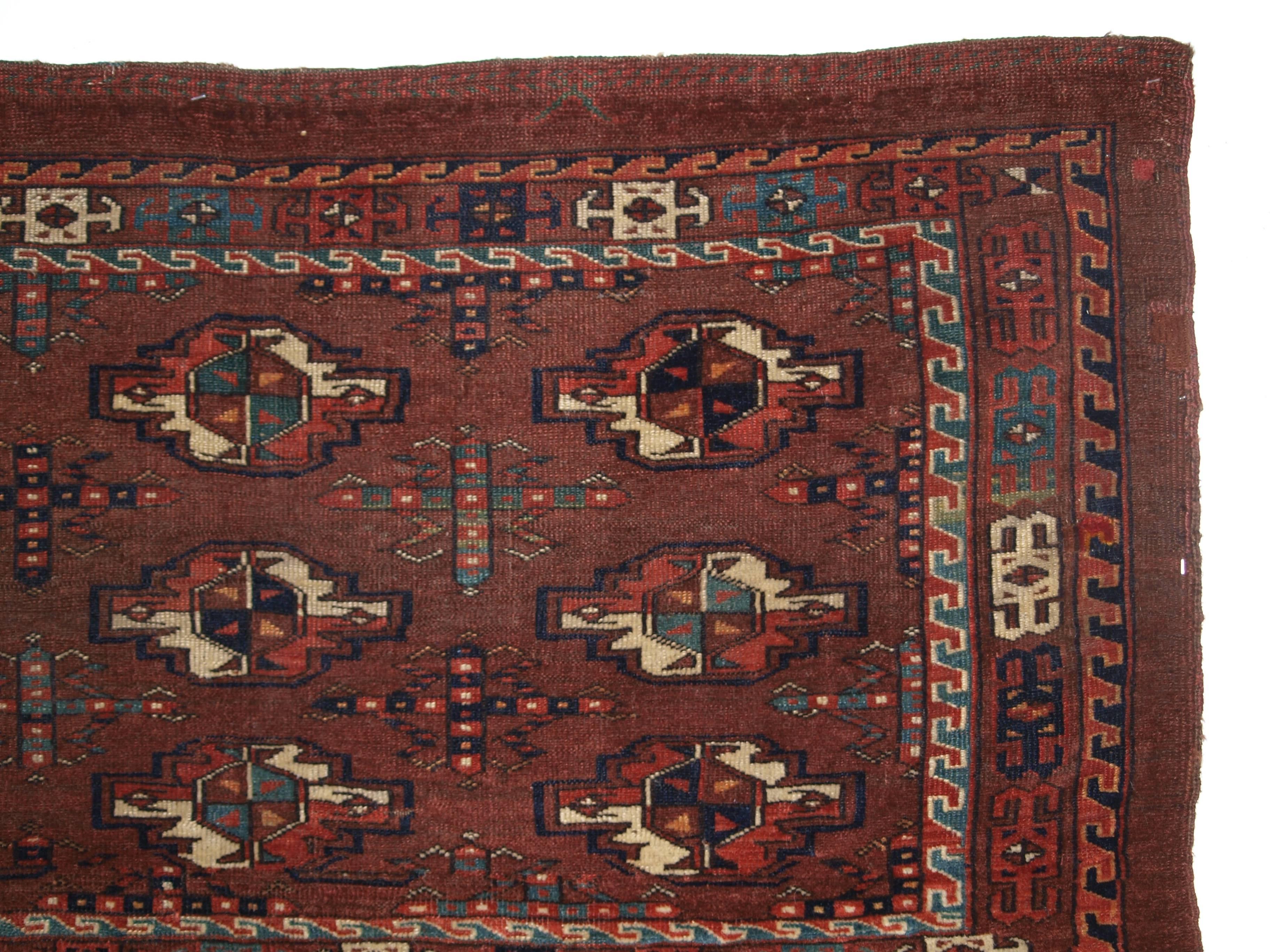 Wool Antique Yomut Turkmen Nine Gul Chuval with Good Colour Including Soft Greens