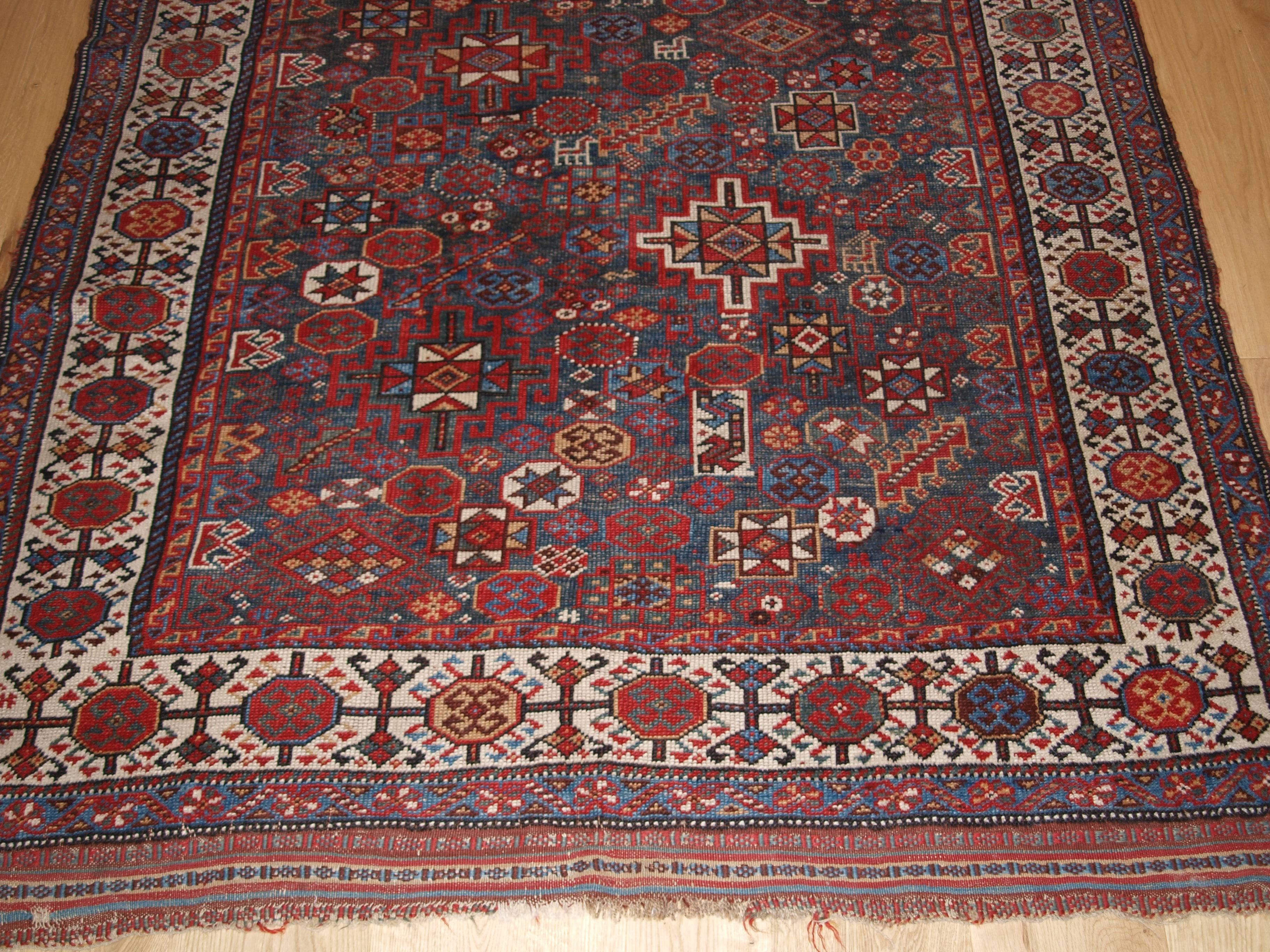 Wool Antique Persian Rug by the Luri Tribe, Shekarlu Design, Grey Blue, circa 1900 For Sale