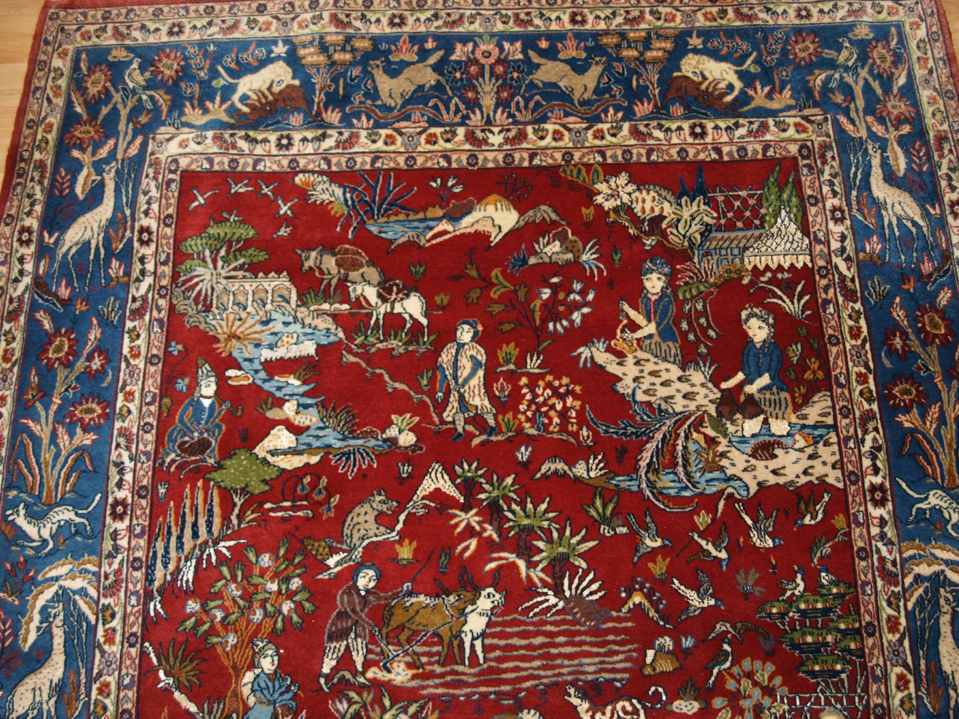 Old Persian Qum Pictorial Rug with Wool Pile and Silk Highlights In Excellent Condition In Moreton-in-Marsh, GB