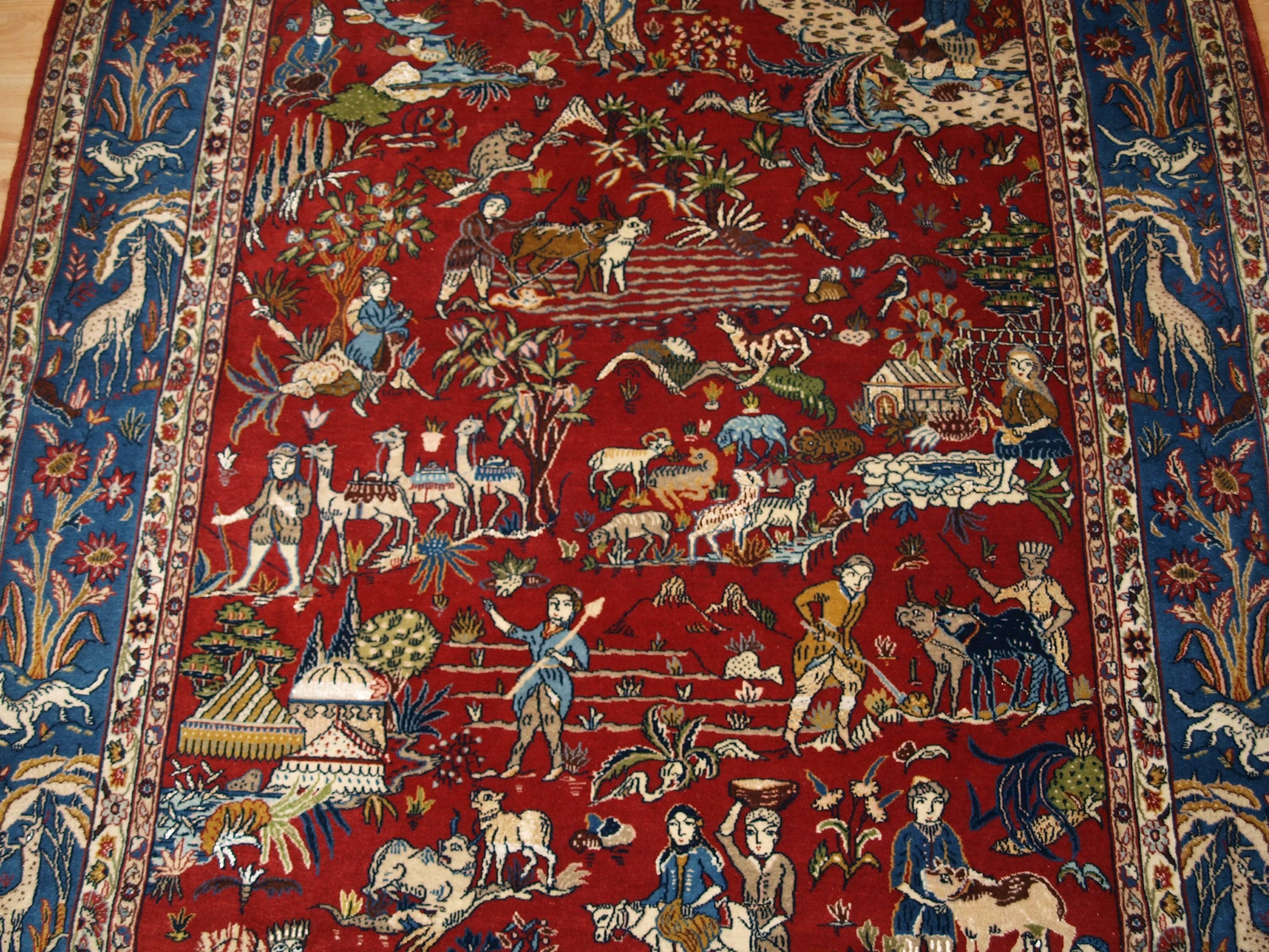 Old Persian Qum Pictorial Rug with Wool Pile and Silk Highlights 1