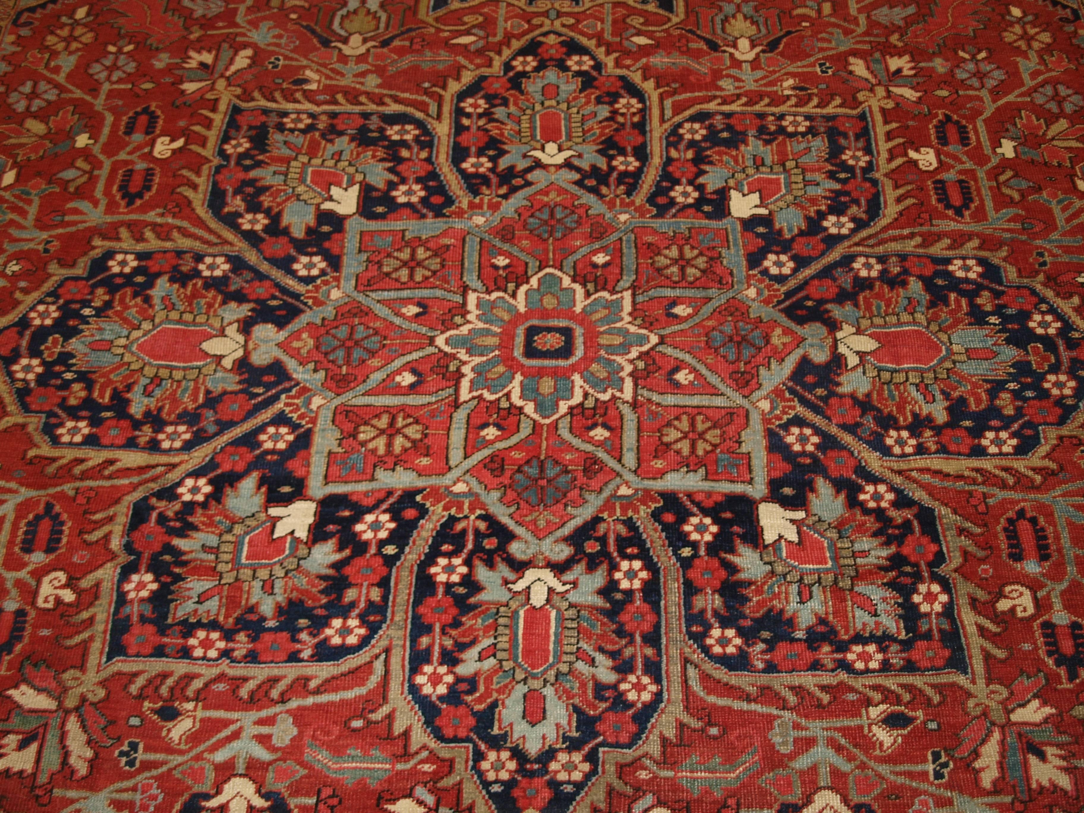 Wool Antique Persian Heriz Carpet, Soft Reds and Light Blues