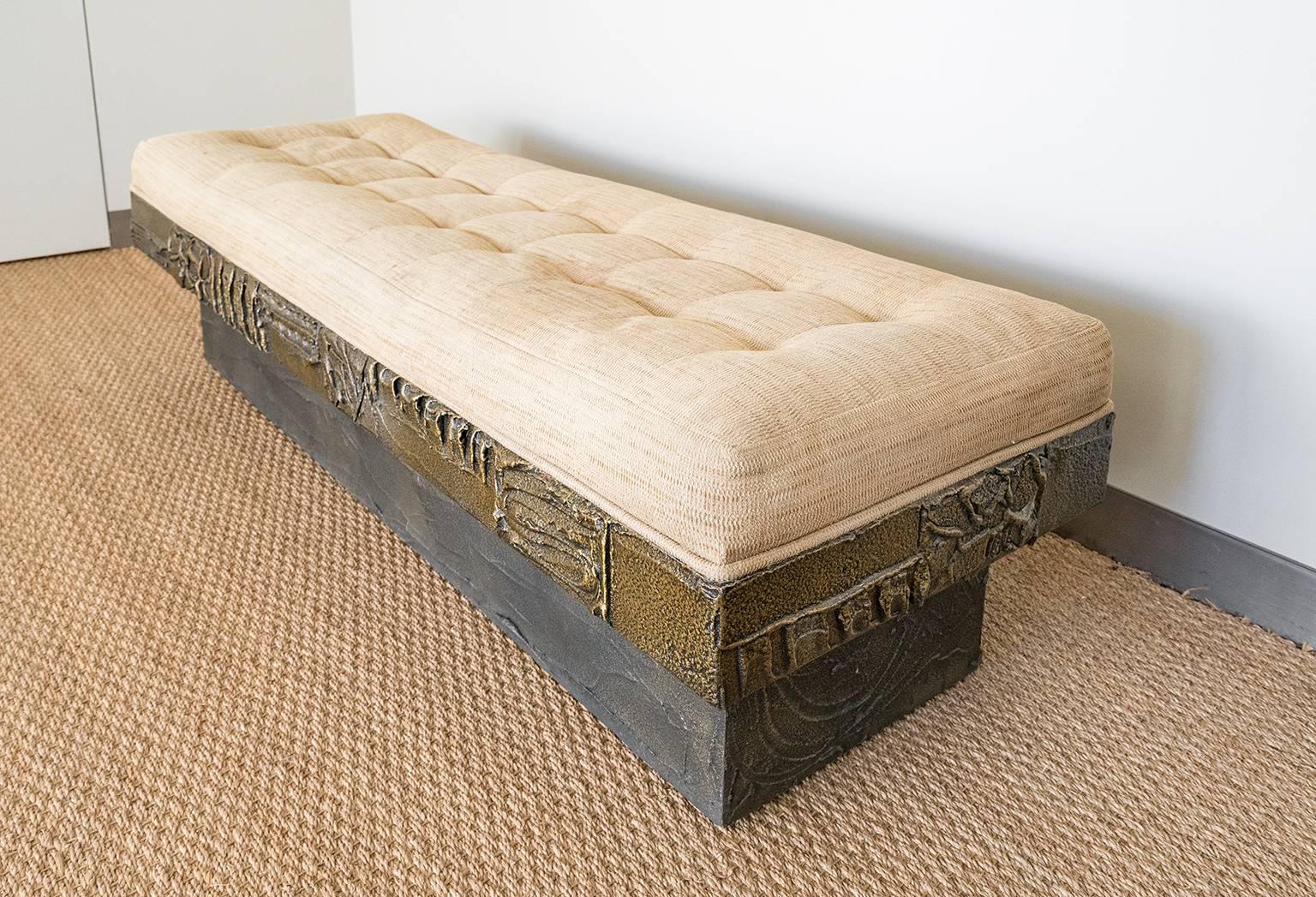 Beautifully sculpted bronzed epoxy resin bench by Paul Evans. 
The bench is in great condition, upholstery is original and somewhat faded.
Interior foam has lost it's integrity in some sections. We recommend reupholstery.