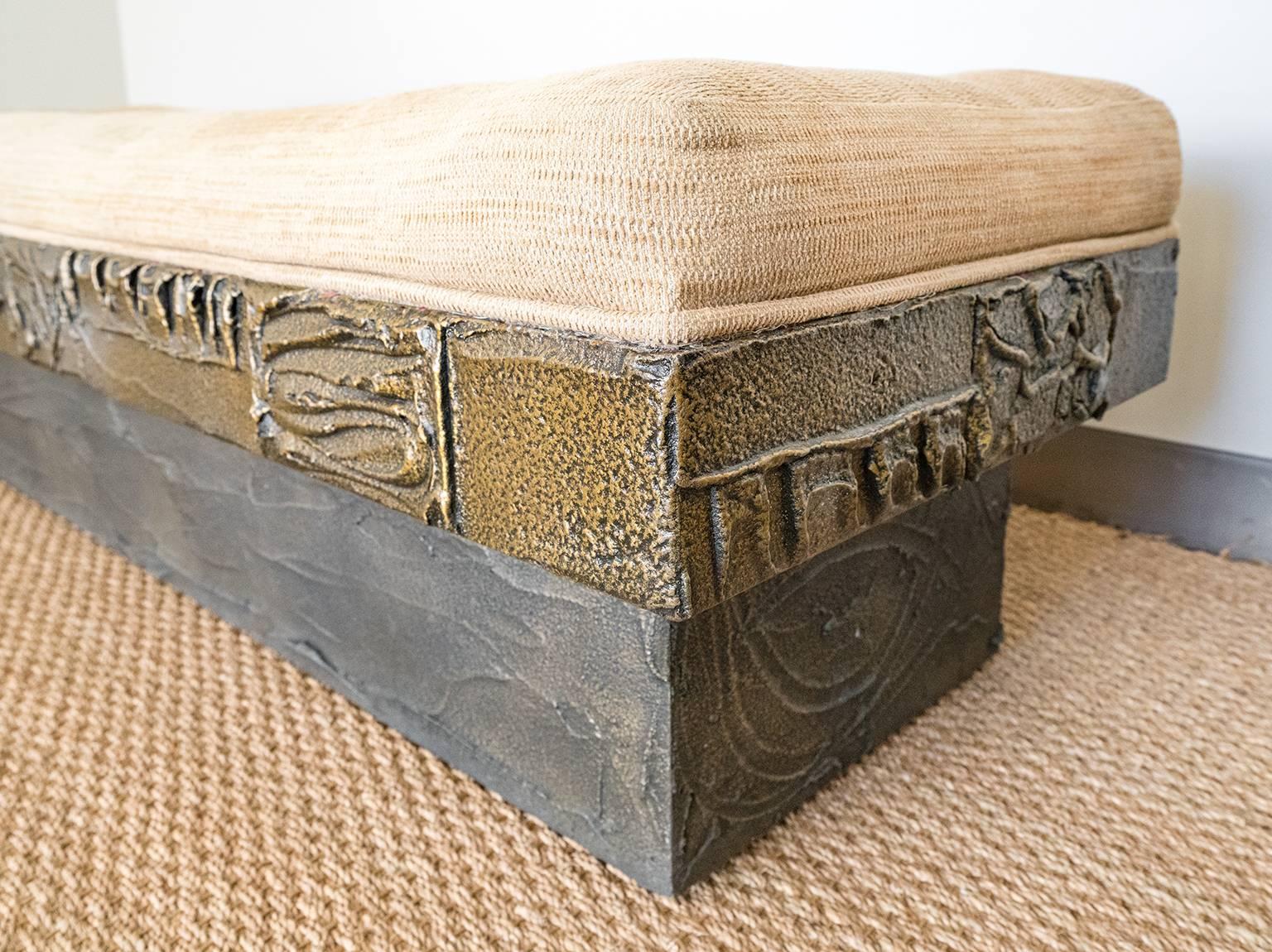 Brutalist Mid-Century Sculpted Bronze and Resin Bench by Paul Evans