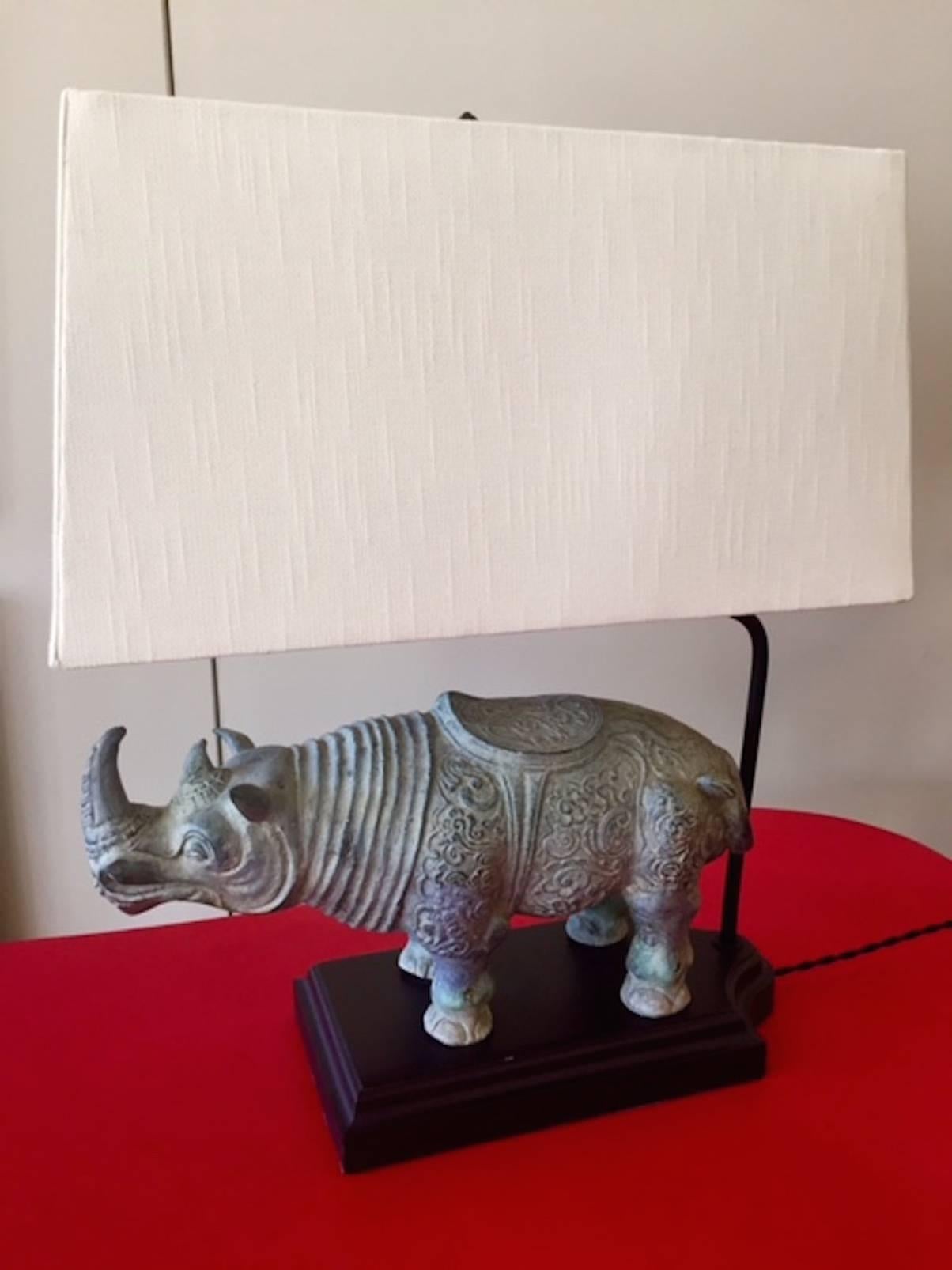 Mid-Century Modern Bronze Rhino Lamp with Shade, 1970s For Sale