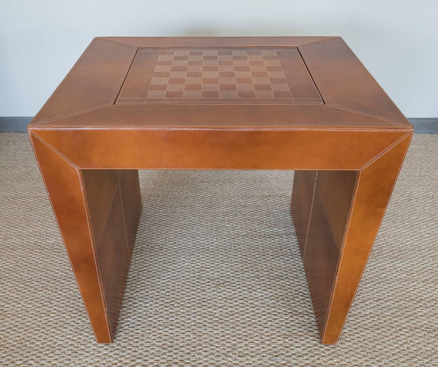 Mid-Century Modern Chess/Backgammon/Checkers Game Table, 1970s Stitched Leather For Sale