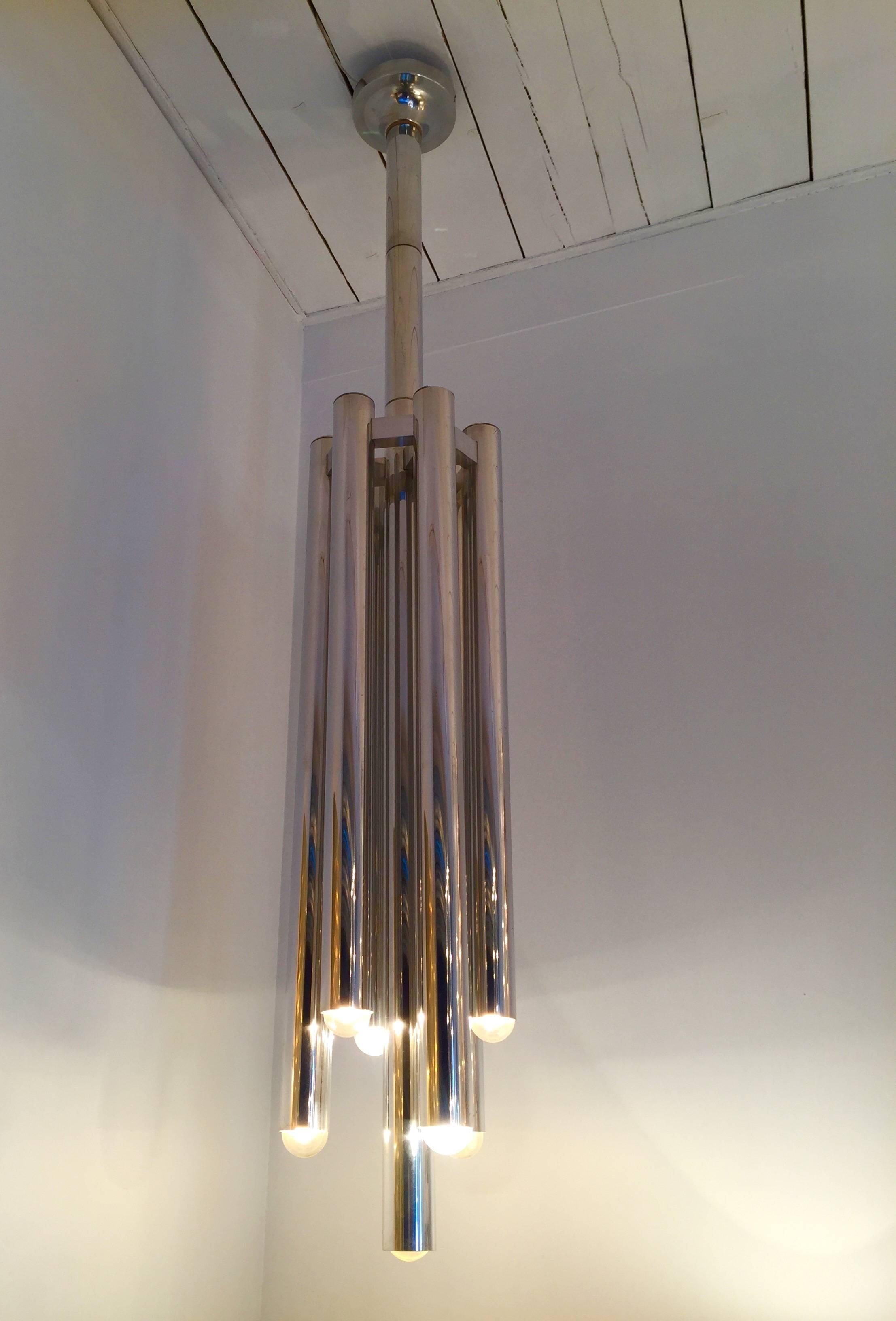 Long chandelier or ceiling pendant light by Gaetano Sciolari, 1970s. Aluminum chrome tube. An italian design from the 1970s 1980s. Sciolari is a famous manufacturer like Reggiani.