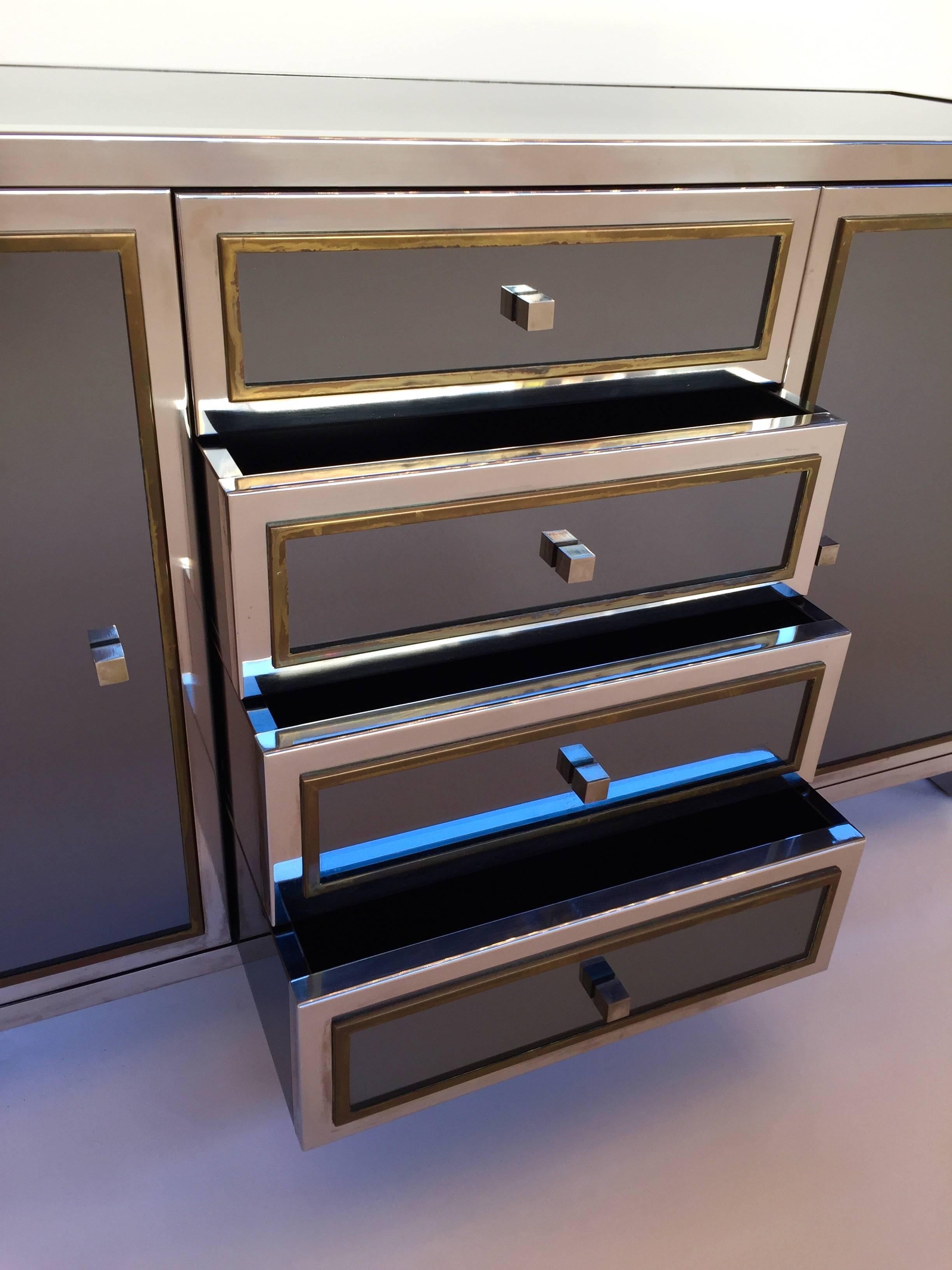 Michel Pigneres Sideboard Credenza Mirror Metal Chrome, 1970s, France In Excellent Condition In SAINT-OUEN, FR