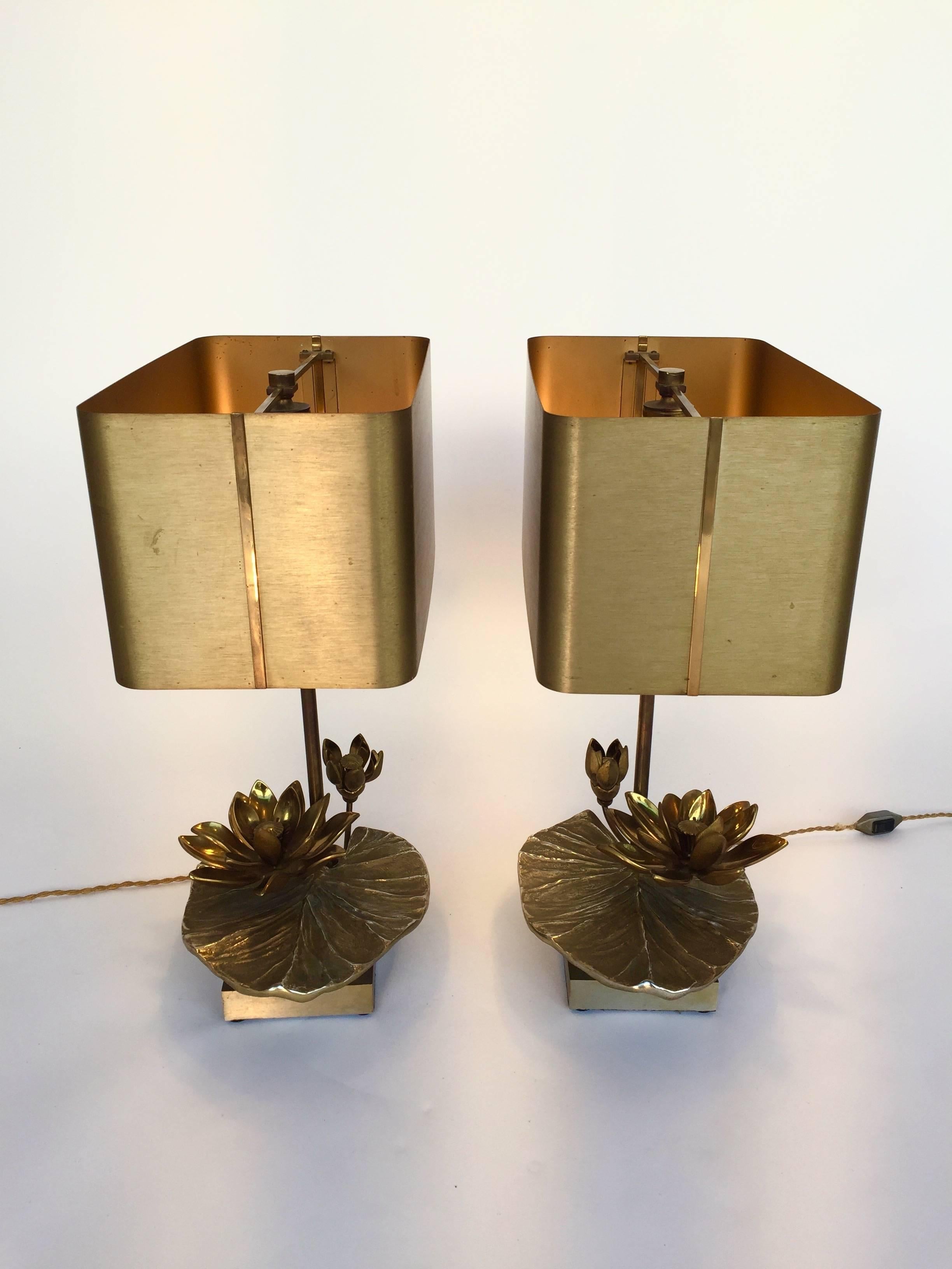 French Pair of Bronze Nenuphar Lamps by Maison Charles, France, 1970s