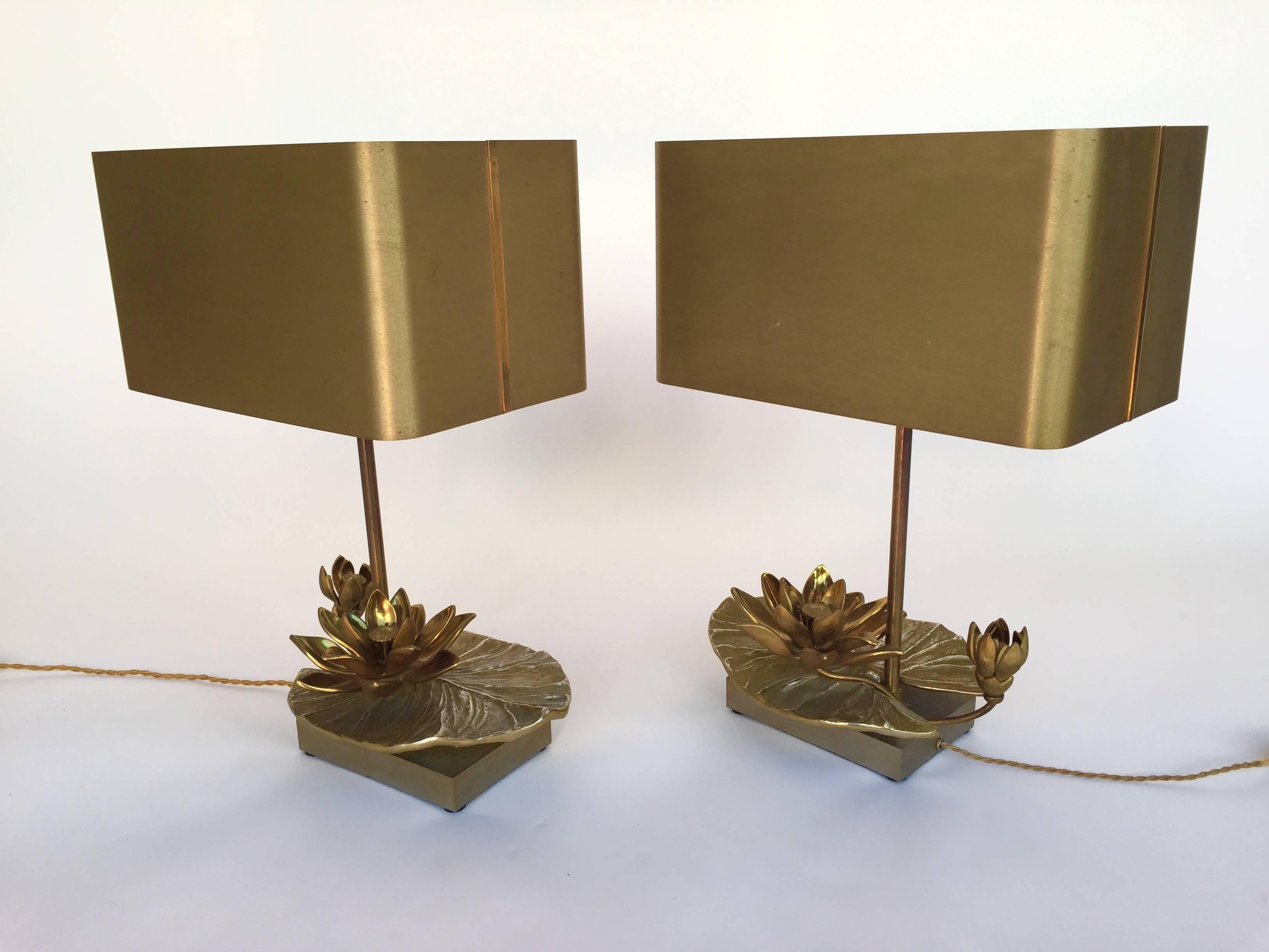 Late 20th Century Pair of Bronze Nenuphar Lamps by Maison Charles, France, 1970s