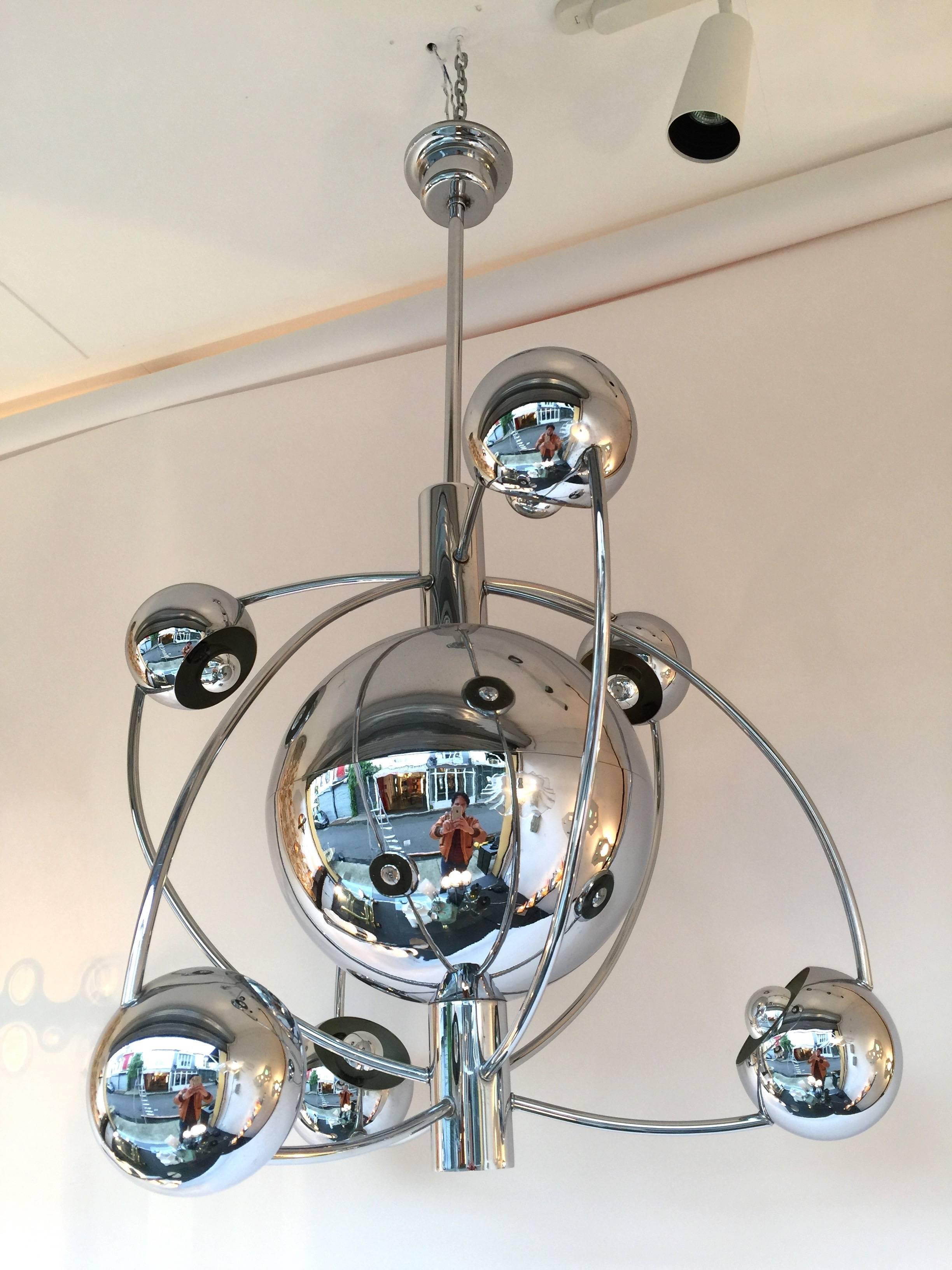 Space Age Satellite Chandelier Chrome by Reggiani, Italy, 1970s