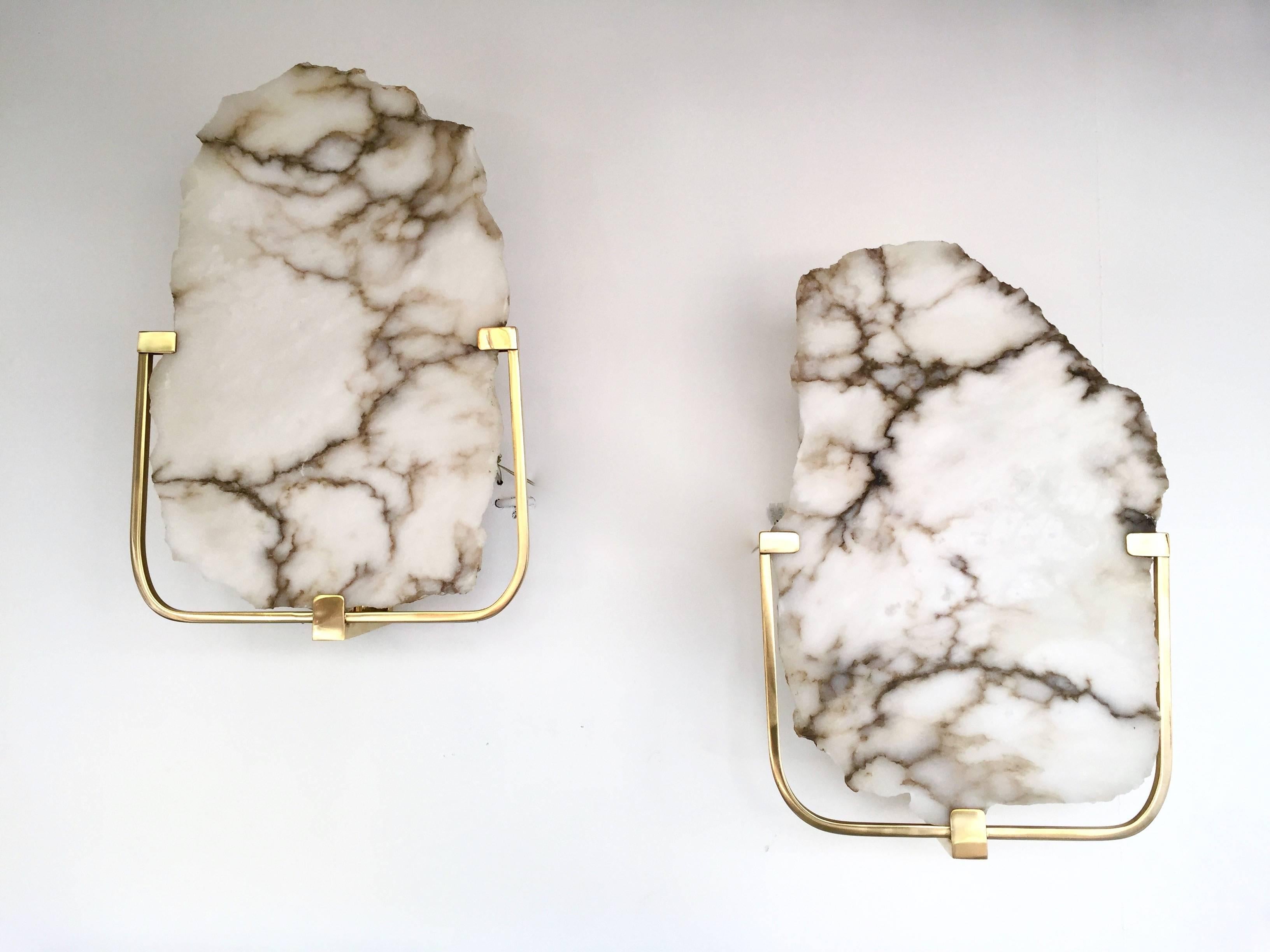 Italian Pair of Alabaster Brass Sconces, Contemporary, Italy