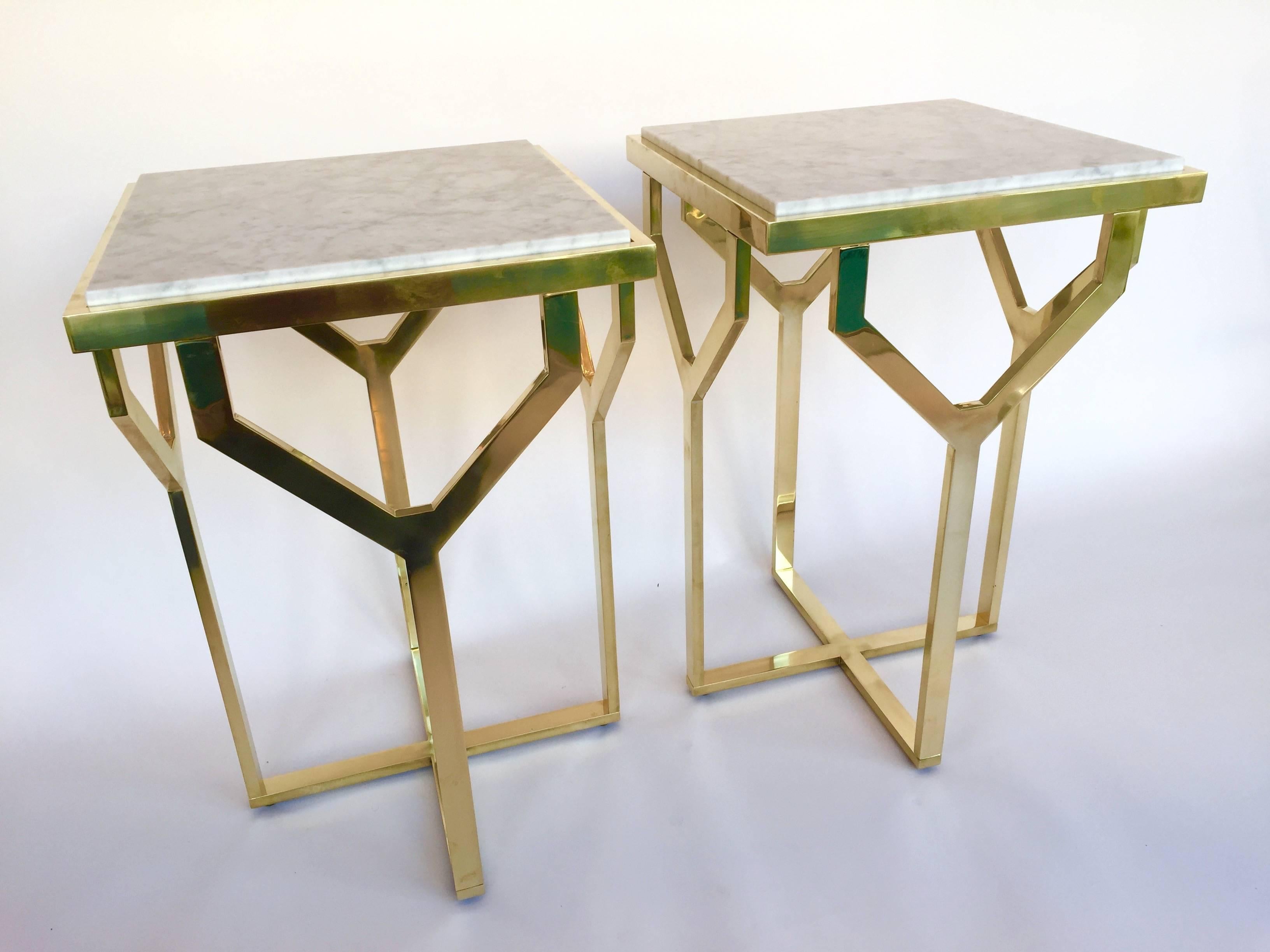 Contemporary Pair of Side Table Y Brass and Marble, Italy 1