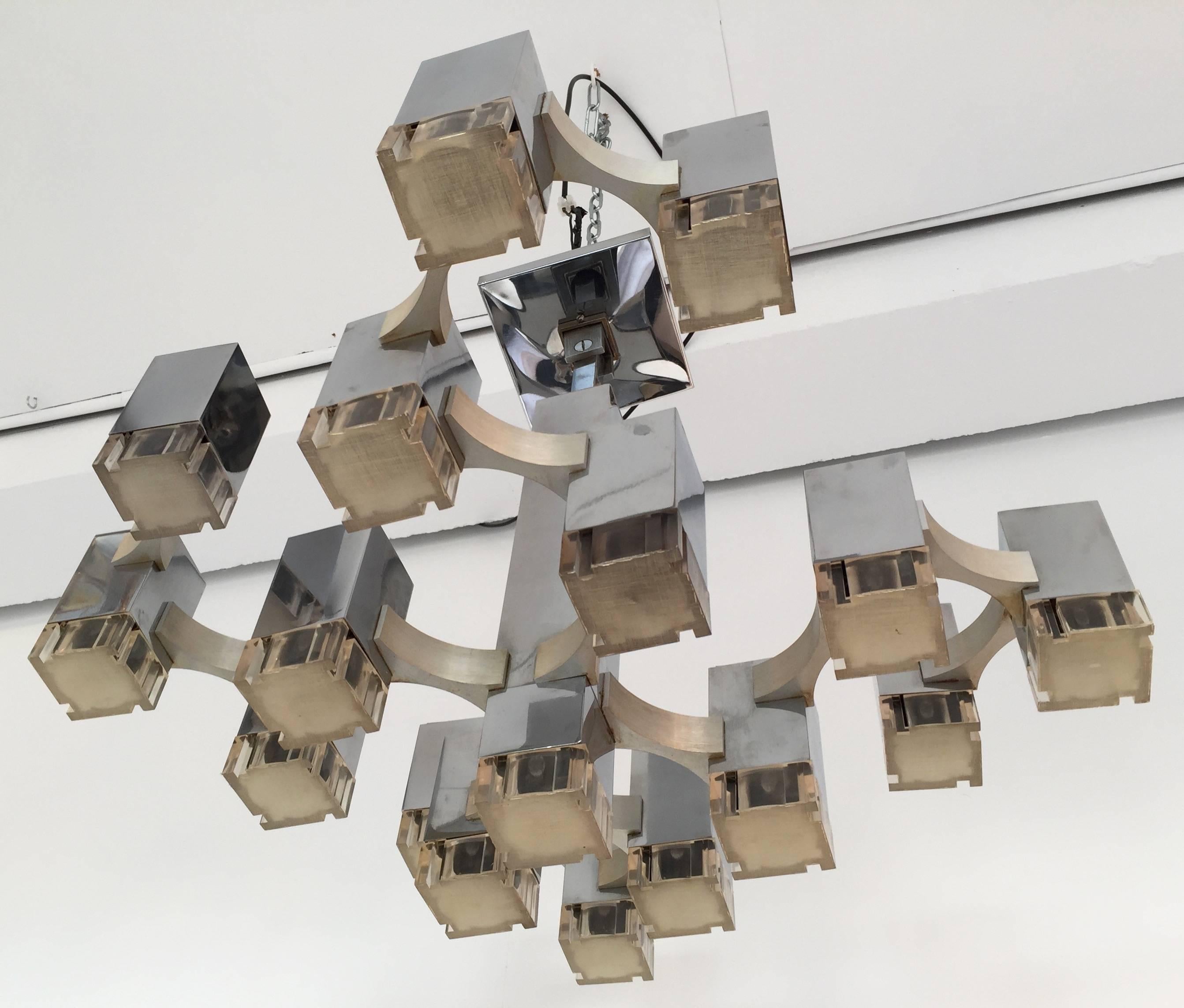 Space Age Pair of Chandeliers Cubic by Sciolari. Italy, 1970s