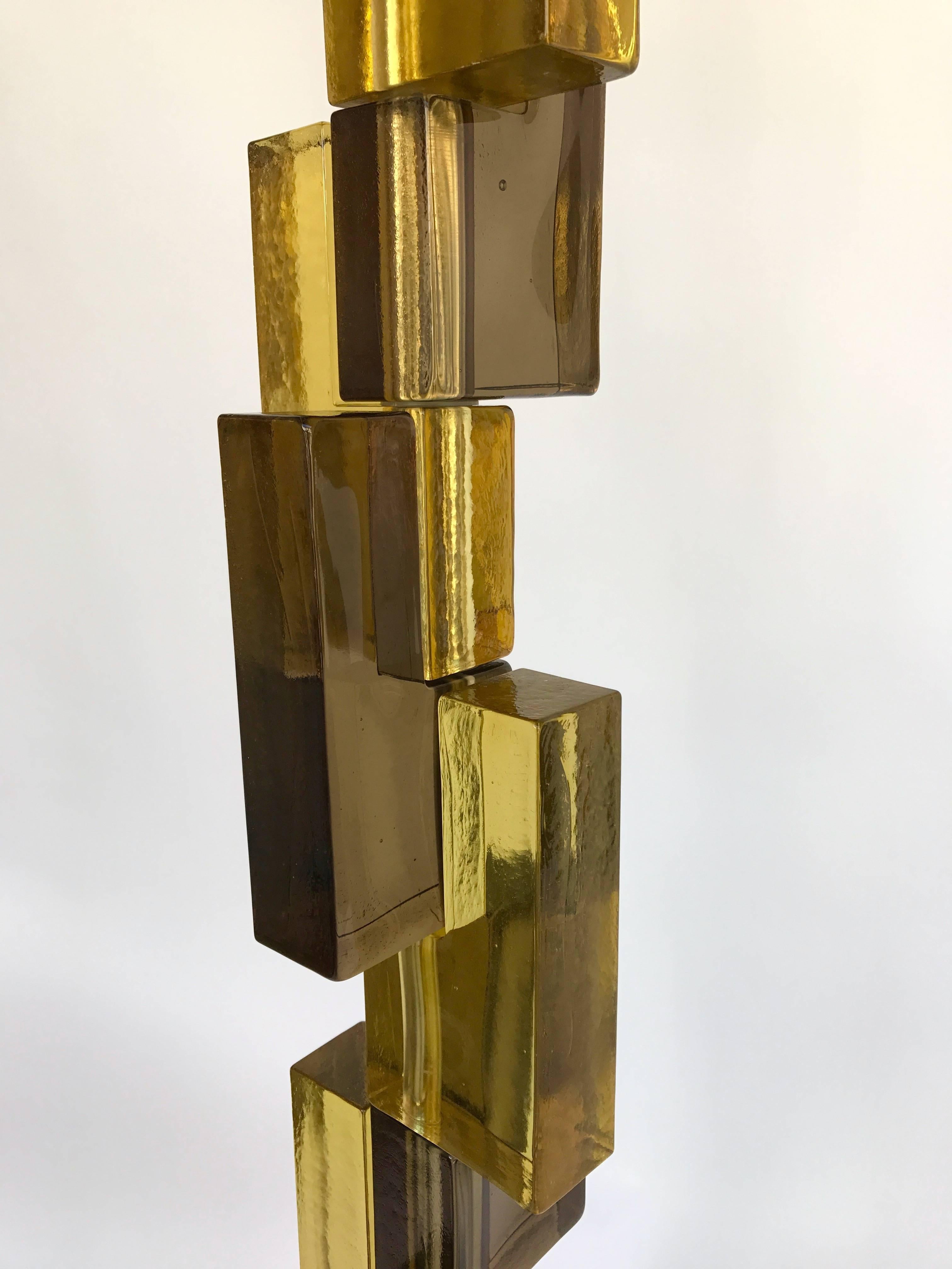 Huge contemporary cubic floor lamp in Murano pressed glass. Very quality glass block construction. Nice mix of smoke and yellow glass. In the style of Mazzega, Vistosi, Venini, Poliarte, Hollywood Regency.

NOTE: Brass shades on order, not included