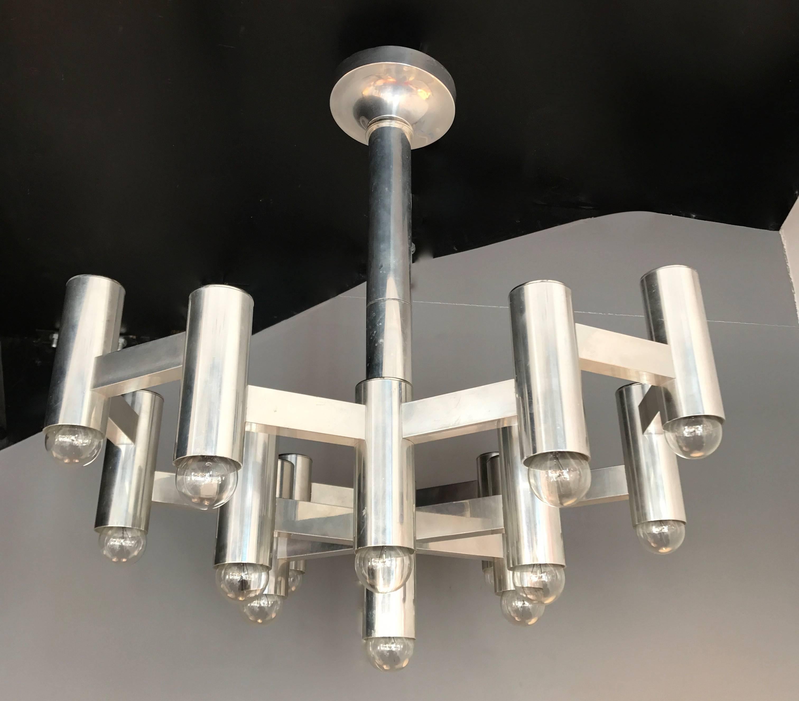 Alveolus chandelier or ceiling pendant light by Gaetano Sciolari. Metal chrome. Famous manufacture like Reggiani, Stilux.