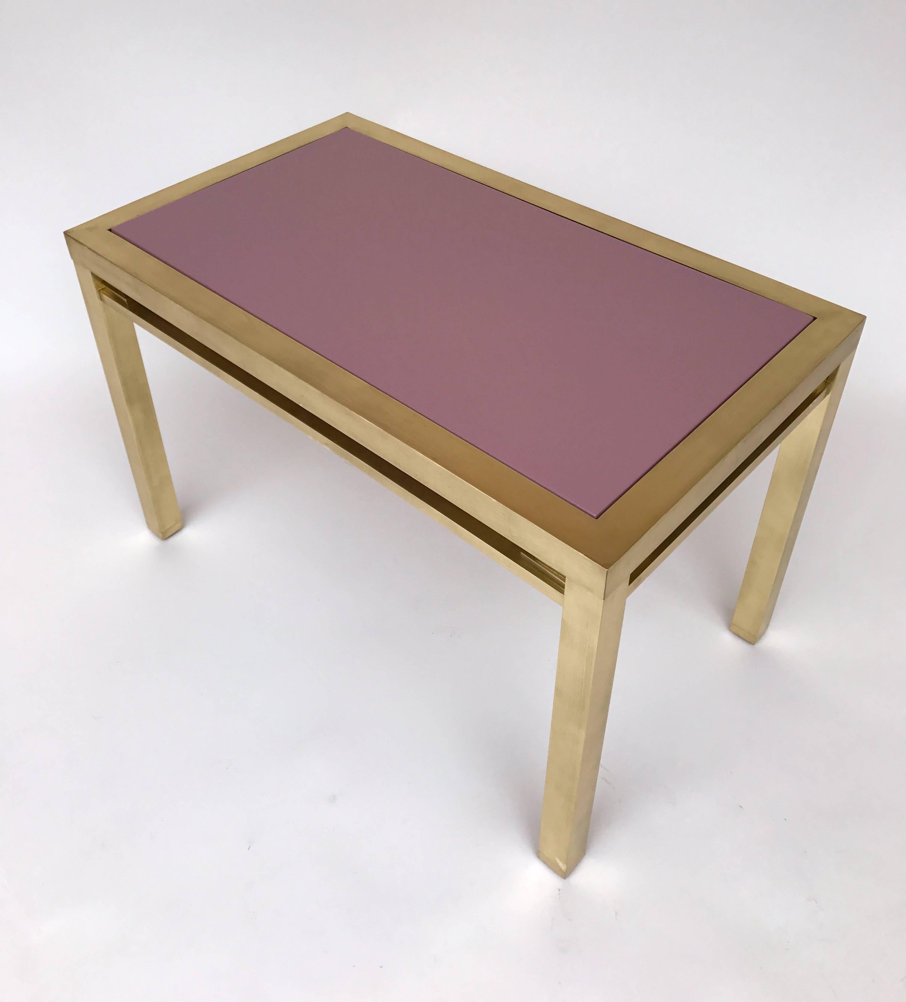Pair of side end low tables or nightstands by Guy Lefèvre for Maison Jansen. Full brass, delicious light purple parma lacquered top. Famous manufacture like Maison Baguès, Guy Lefevre, Romeo Rega, Willy Rizzo, Mario Sabot, Hollywood Regency.