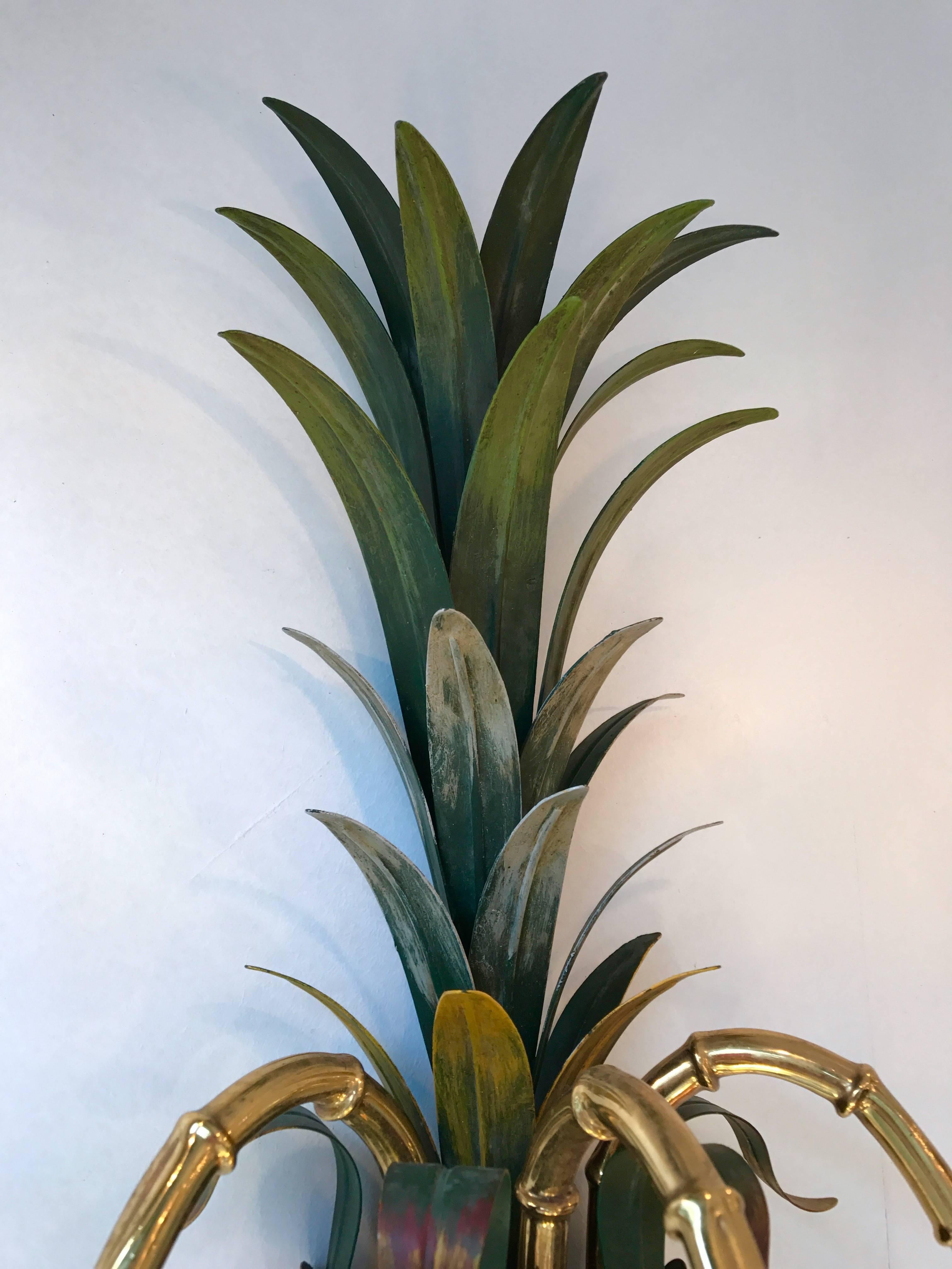 Pair of sconces brass bamboo palm by Maison Bagues. A work similar as pine model, palm tree floor lamp. High decoration form the 80s.  Famous manufacture like Jansen, Charles, Hollywood Regency