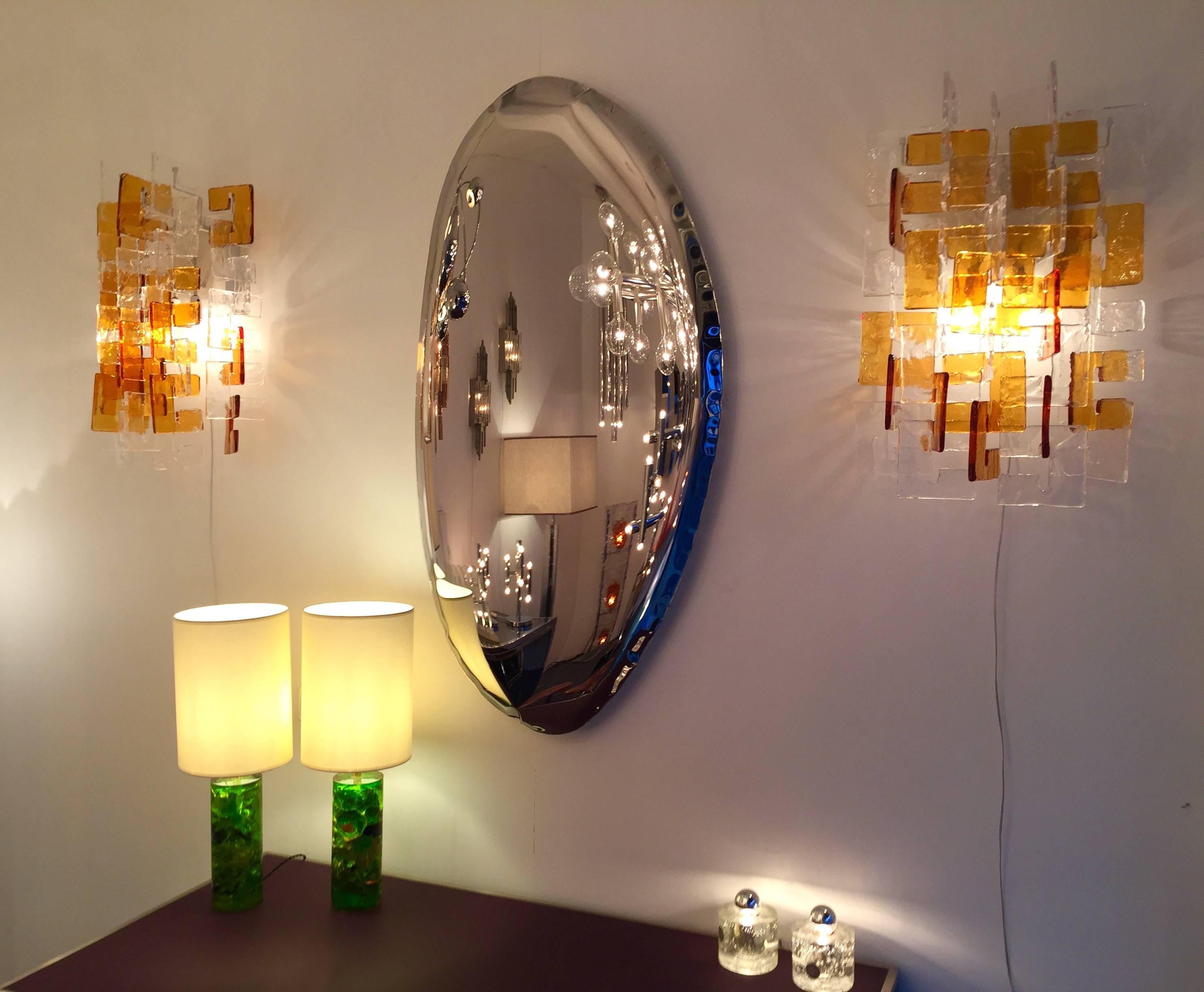 4 rare big C Cascade sconces by the designer Carlo Nason for the manufacture Mazzega. The great Murano glass quality, 30 amber and 44 white ice glass. Really important by the glass size and long for a pair of this style. It s a famous manufacture