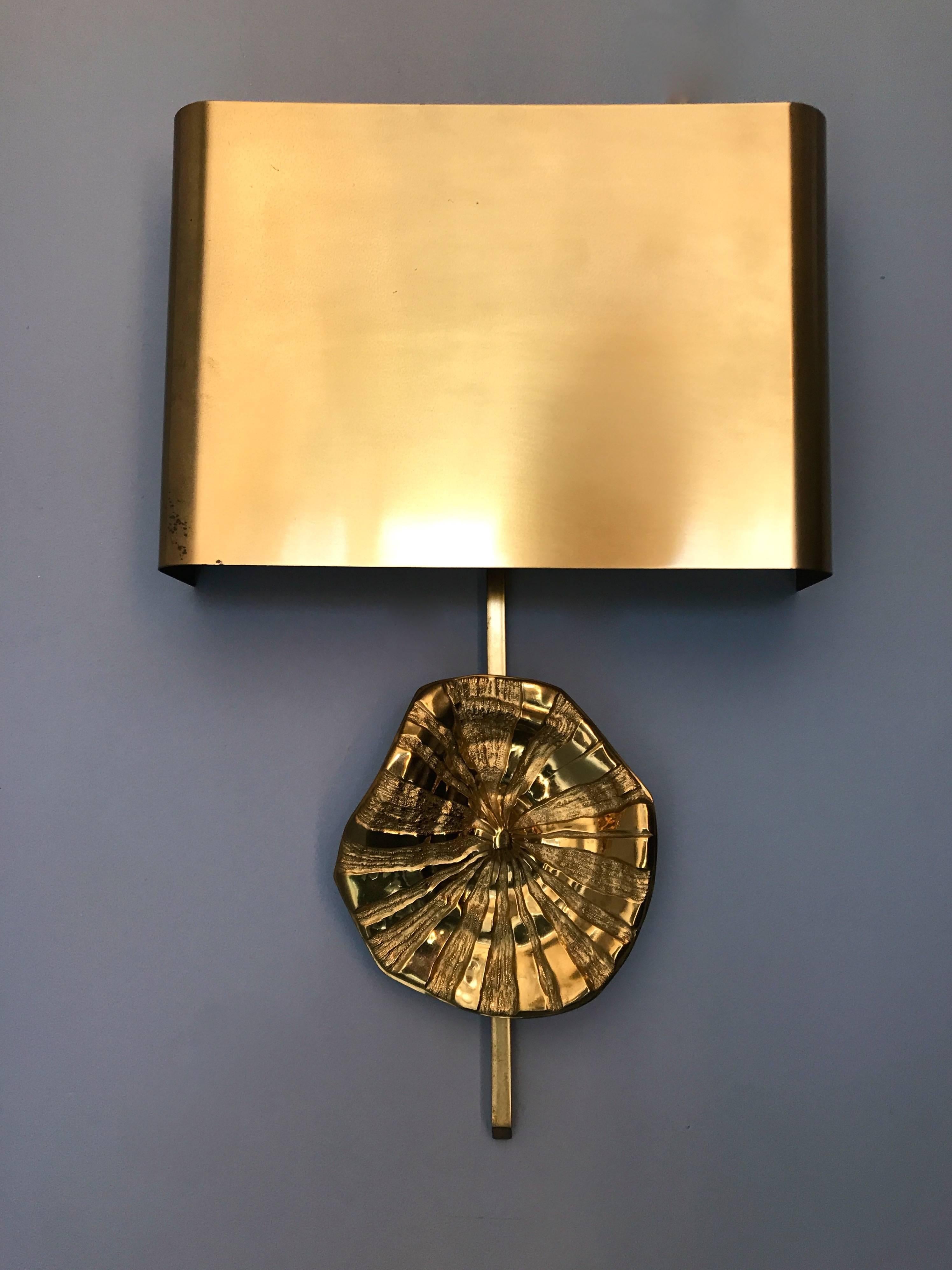 Rare pair of sconces or wall lights model Fongia sea fossil by Jacques Charles for Maison Charles. Full bronze, brass shade,  hallmark stamp on the back Charles made in France. Can be prepare for E12 bulbs the US/UK norm. Famous manufacture and